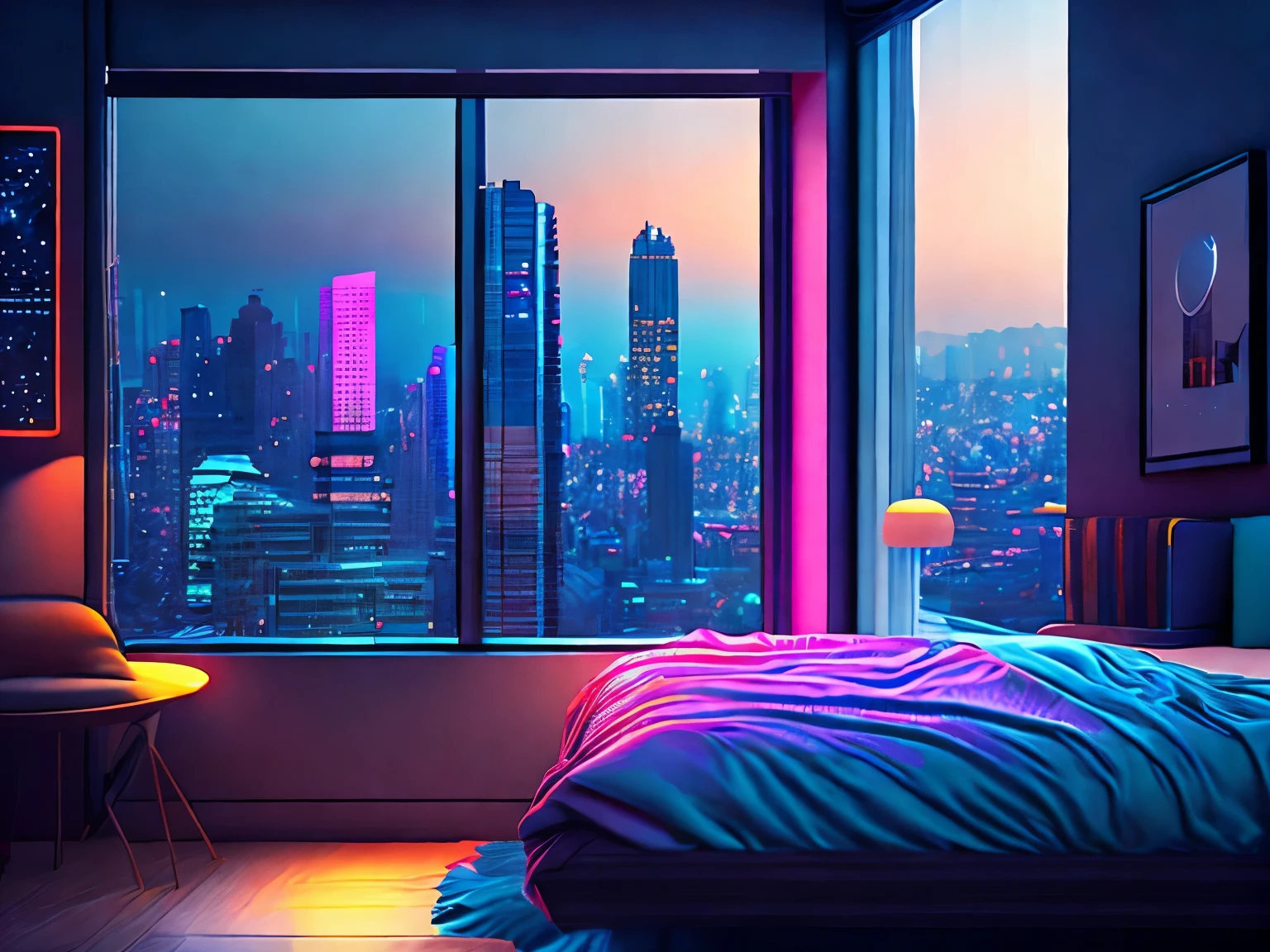 This a (((masterpiece))). Generate a cozy bedroom with a large window directly in front of the camera. The bedroom should be cool and peaceful, with retro furnishings and accessories. Through the window is brilliant cyberpunk city awash with neon light and blinking, colorful signs. It is nighttime, and the city is much brighter than the interior of the room. Contrast the peaceful interior of the bedroom with the busy, ultra-detailed cityscape seen through the window. The perspective of this artwork is from inside the bedroom looking out. 