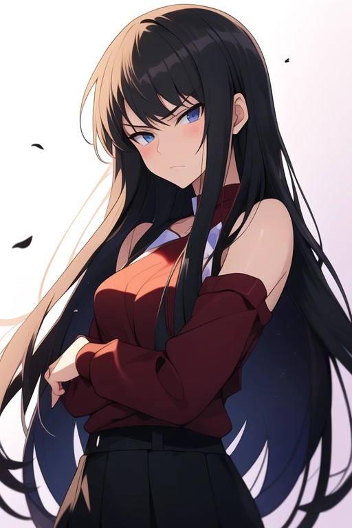 Anime older sister with long hair and dark eyes with a soft looking scowl
