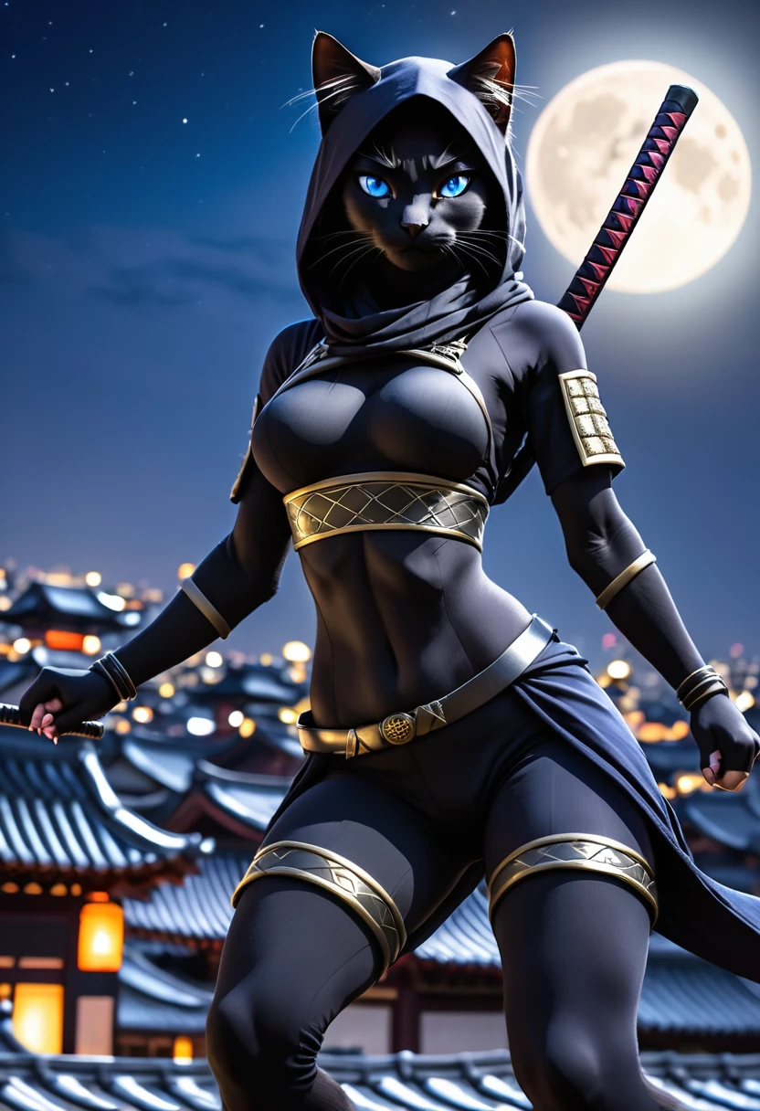 anthropomorphic female black cat ninja, ninja big cat, assassin, mk ninja, ninja outfit, ninja, mystic ninja, blue eyes, portrait shot, goth ninja, epic ninja suit, matte black cloth ninja suit, dramatic pose, on temple rooftops, in the moonlight, view from below looking up, ((photorealistic)) , high quality photography, uhd,