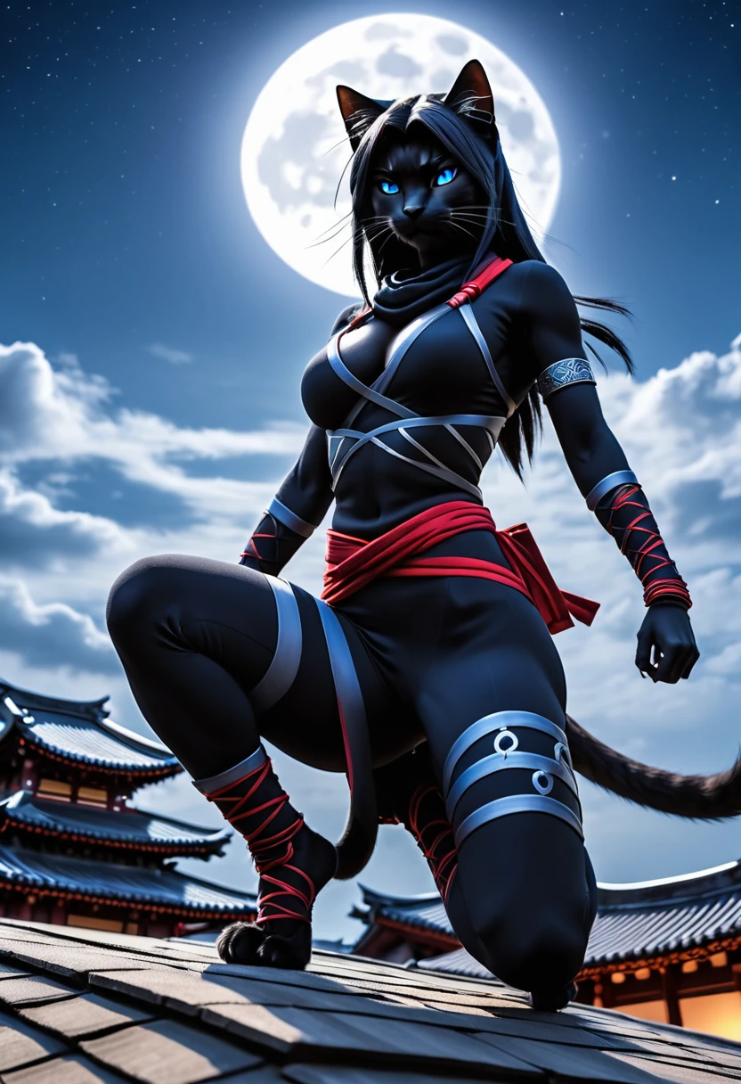 anthropomorphic female black cat ninja, medium breasts, visible cleavage, nipple bumps, ((black fur)) ninja big cat, assassin, mk ninja, ninja outfit, ninja, mystic ninja, blue eyes, portrait shot, goth ninja, epic ninja suit, matte black cloth ninja suit, red accents, dramatic pose, on temple rooftops, in the moonlight, view from below looking up, ((photorealistic)) , high quality photography, uhd,