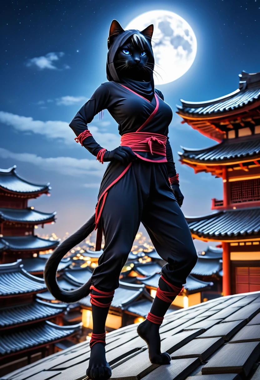 anthropomorphic female black cat ninja, ninja big cat, assassin, mk ninja, ninja outfit, ninja, mystic ninja, blue eyes, portrait shot, goth ninja, epic ninja suit, matte black cloth ninja suit, dramatic pose, on temple rooftops, in the moonlight, view from below looking up, ((photorealistic)) , high quality photography, uhd,