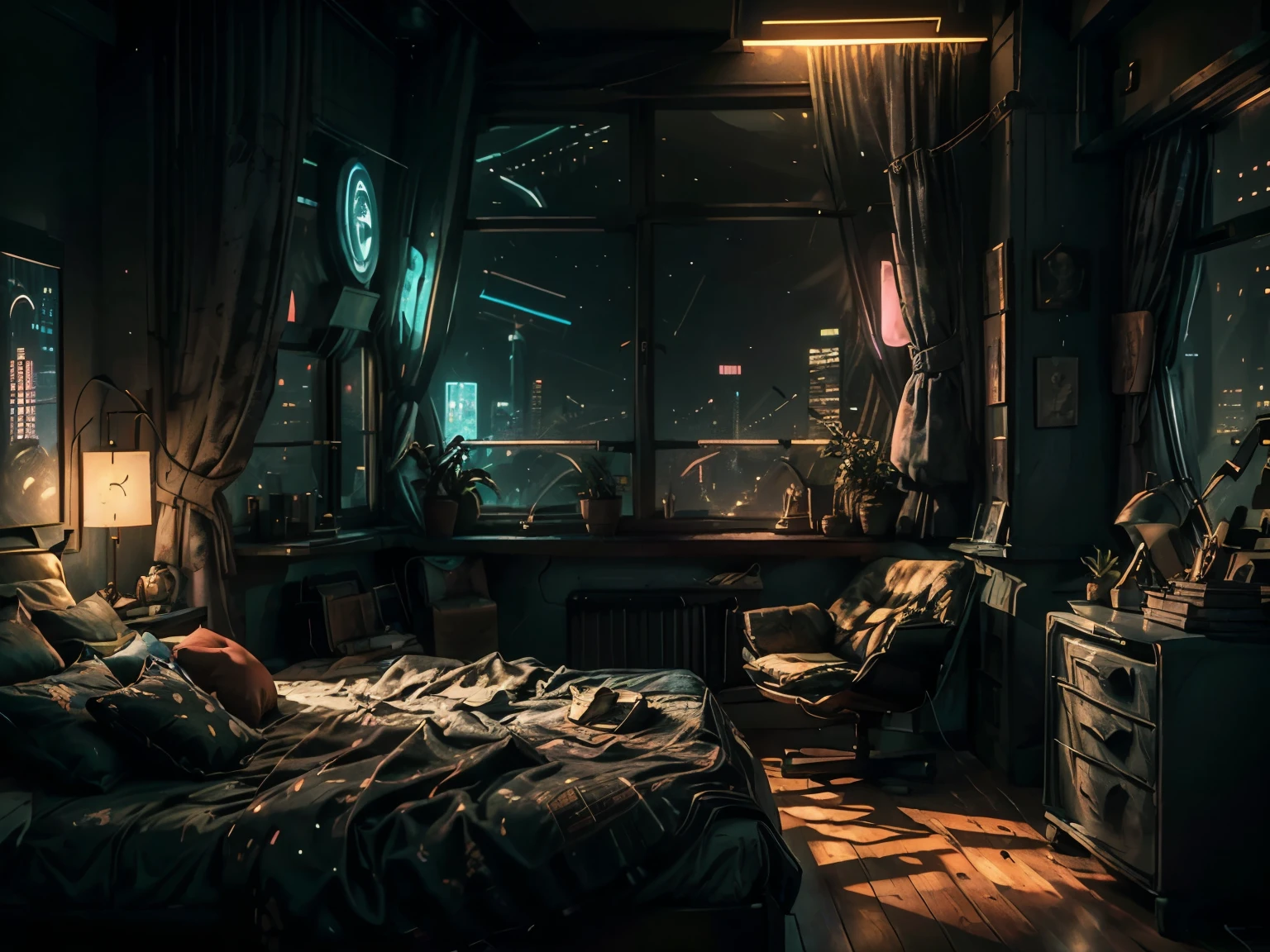 This a (((masterpiece))). Generate a cozy bedroom with a large window directly in front of the camera. The bedroom should be cool and peaceful, with retro furnishings and accessories. Through the window is brilliant cyberpunk city awash with neon light and blinking, colorful signs. It is nighttime, and the city is much brighter than the interior of the room. Contrast the peaceful interior of the bedroom with the busy, ultra-detailed cityscape seen through the window. The perspective of this artwork is from inside the bedroom looking out. 