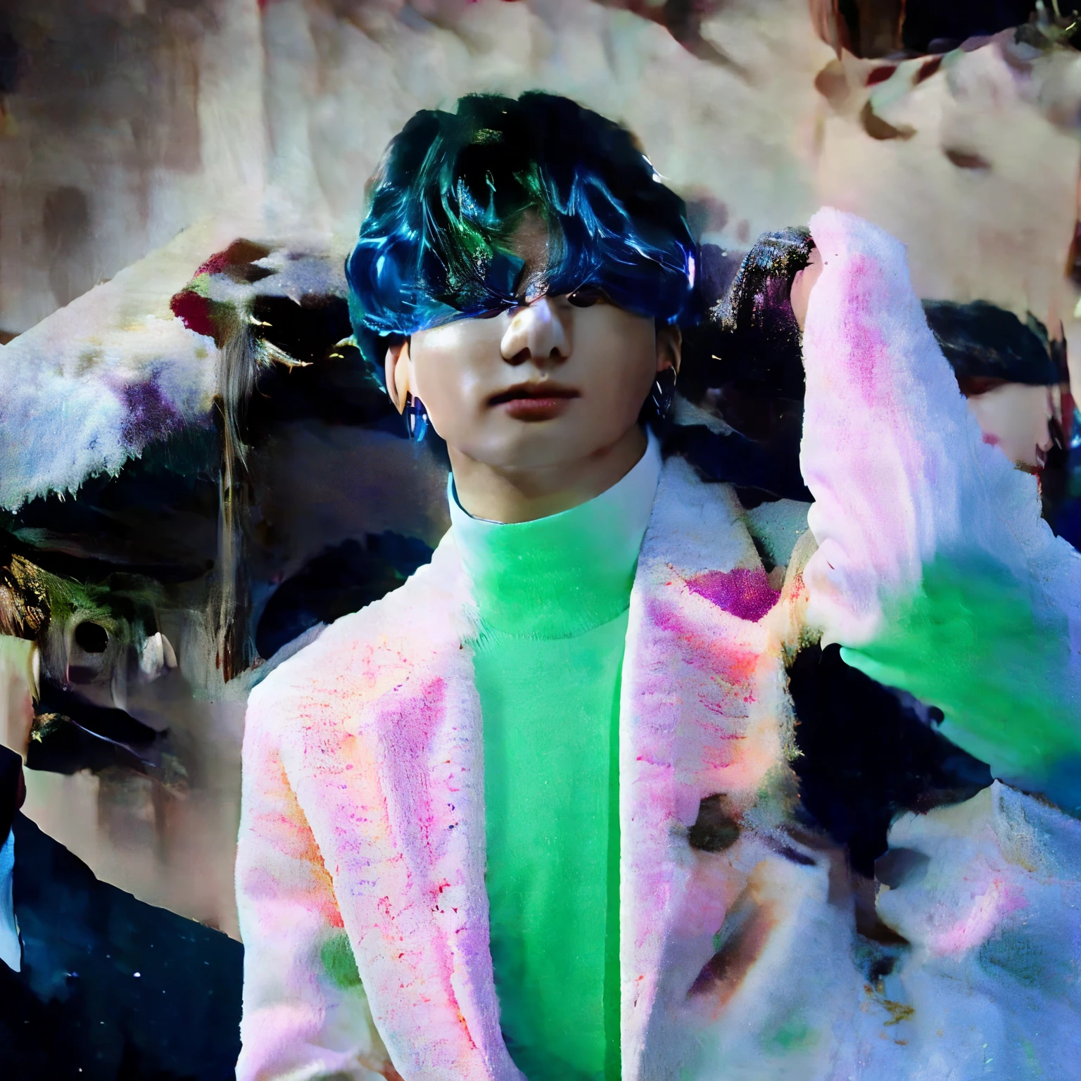 Caminando en la alfombra de la met gala que tiene tonos blancos y azul fotografos admirandolo mientras Jungkook usa un traje floreado elegante con brillos y colibries relojes todo como un jardin