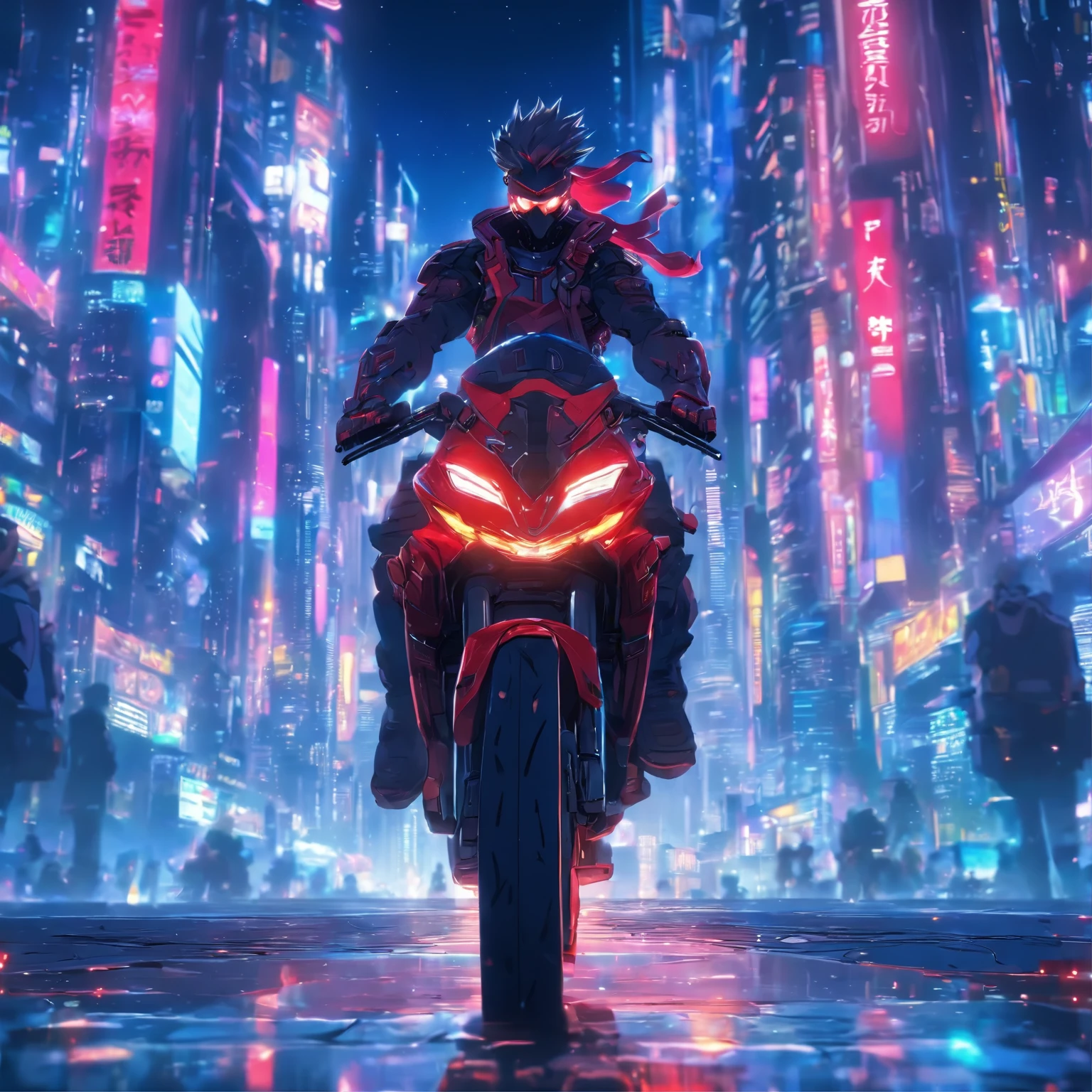 (Best quality, 8k, Masterpiece :1.2), hyper realistic, cyberpunk, at a mountain, an detailed red Motorcycle, When speeding, (Facing the audience), The blue skyscraper in the background, at night,