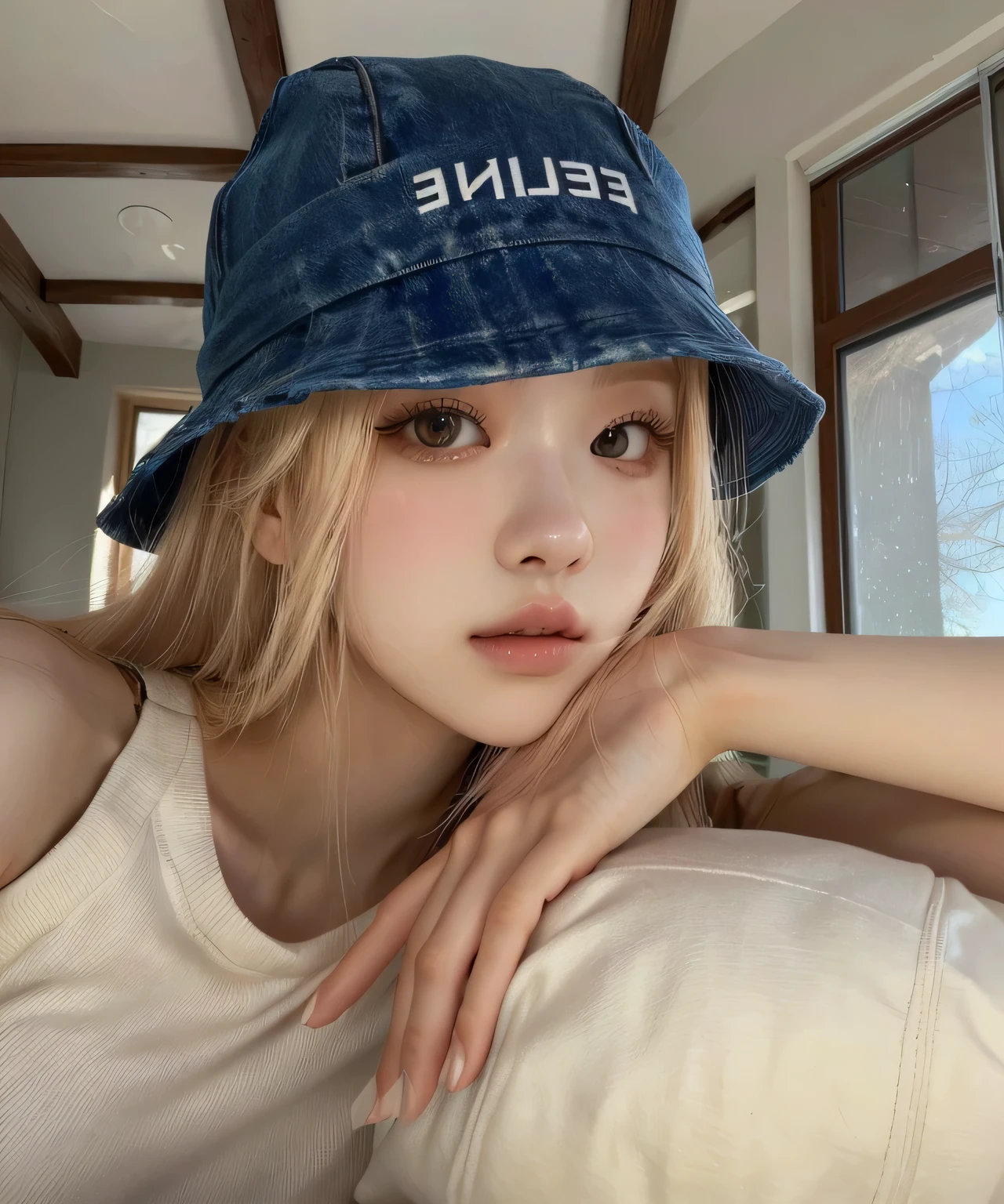 Rose from Blackpink, blonde hair, soft skin, big eyes, pale skin, long silky hair, realistic style