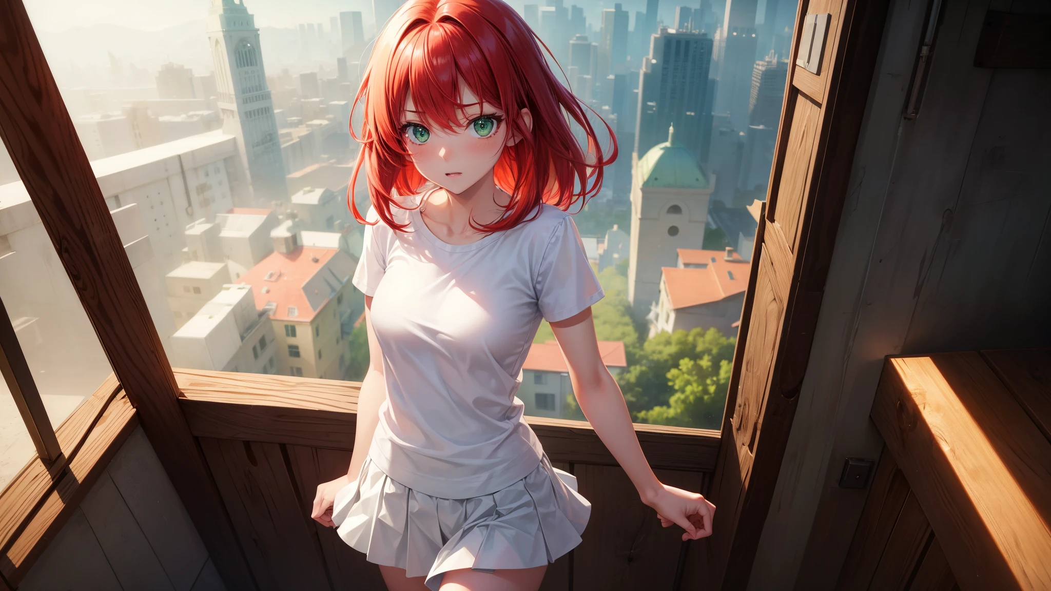 Best quality, ultra high resolution, 1 girl, Red hair, Green eyes, short and thin body, white short t-shirt, skirt, ((shyexpression)),