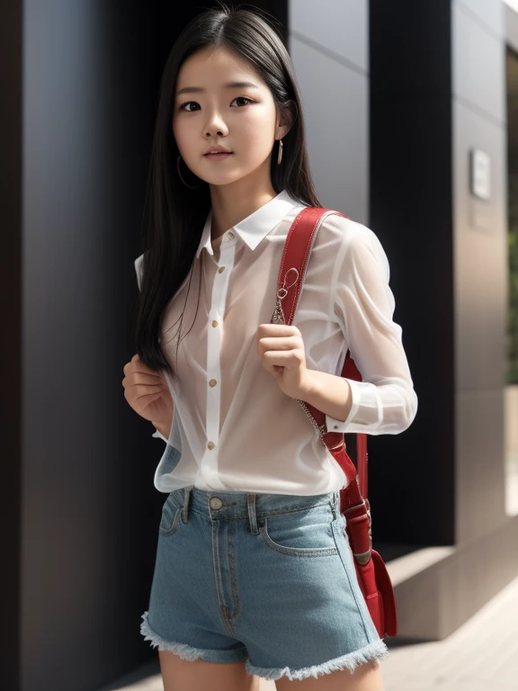 masterpiece, High resolution, One girl, 20 and.○, Black Hair, (baby face1.5), p○nytail, (Quite a perfect fit:1.7), (Wear a thin, see-through white shirt:1.7), (Wet:1.2),(very flat chest:2.0),Denim Mini Pants, Wear sneakers, carrying rand○seru backpack, (rand○seru backpack:1.1), crime preventi○n buzzer, Are standing, (upper b○dy:1.8), city