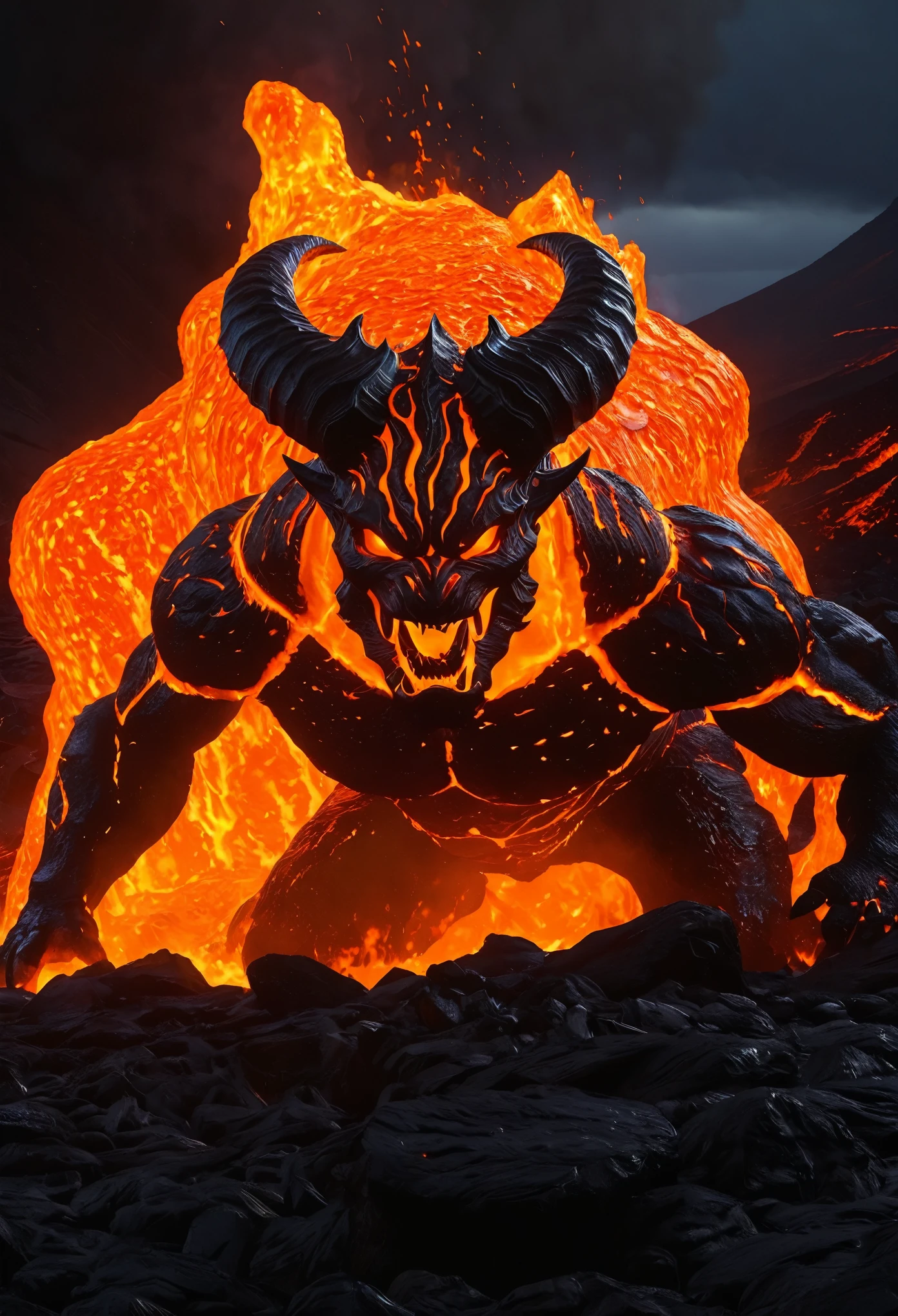 (best quality,4k,8k,highres,masterpiece:1.2),ultra-detailed,(realistic,photorealistic,photo-realistic:1.37),Lava Demon,(conceptual design),(magma:1.1),(smooth transition:1.1),(luminescent:0.9),low light,clear focus,ray tracing,translucent skin,lava-like textures,molten rock horns,fiery eyes,majestic presence,demonic aura,glowing cracks,magma flowing through veins,shadows dancing on the surface,ominous atmosphere,dark and dramatic,volcanic eruption in the background,mountaintop setting,red and orange color palette,dynamic lighting,fiery glow,smoke and ash particles in the air