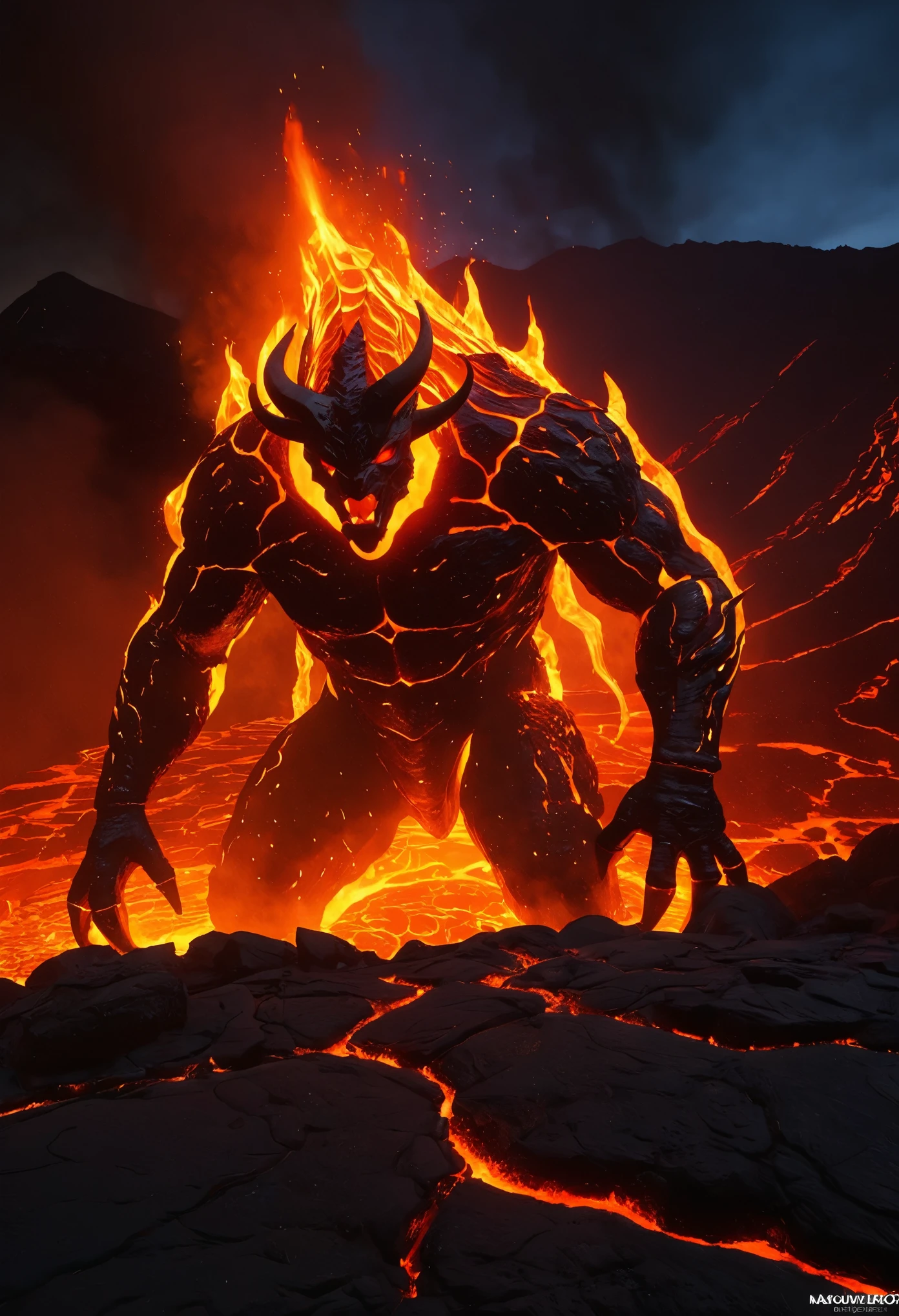 (best quality,4k,8k,highres,masterpiece:1.2),ultra-detailed,(realistic,photorealistic,photo-realistic:1.37),Lava Demon,(conceptual design),(magma:1.1),(smooth transition:1.1),(luminescent:0.9),low light,clear focus,ray tracing,translucent skin,lava-like textures,molten rock horns,fiery eyes,majestic presence,demonic aura,glowing cracks,magma flowing through veins,shadows dancing on the surface,ominous atmosphere,dark and dramatic,volcanic eruption in the background,mountaintop setting,red and orange color palette,dynamic lighting,fiery glow,smoke and ash particles in the air