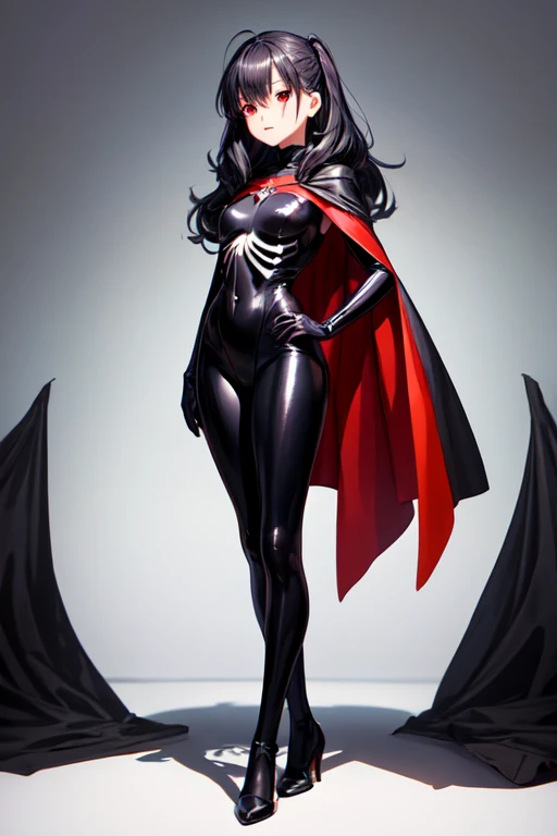 Anime personaje femenino alta de cabello muy corto negro, with red eyes wearing a full body bodysuit a black cape with skeletons and shadows behind her 