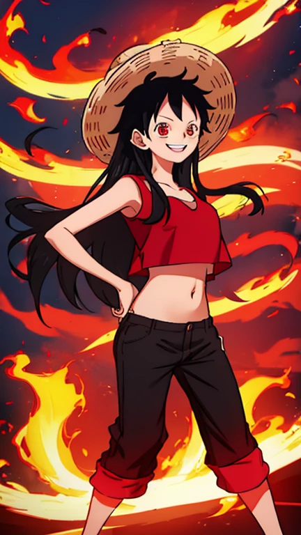 Female version of Monkey D Luffy, 1girl, black long hair, wearing a Strawhat, black bra, red open shirt, black pants, best quality, masterpiece, smiling, standing, red heels, fiery background, cute, sexy, anime, big ,