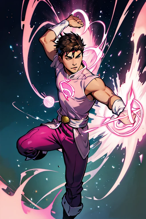 asian guy with a pink and white hero costume with an X on the chest making a powerfull magic aura