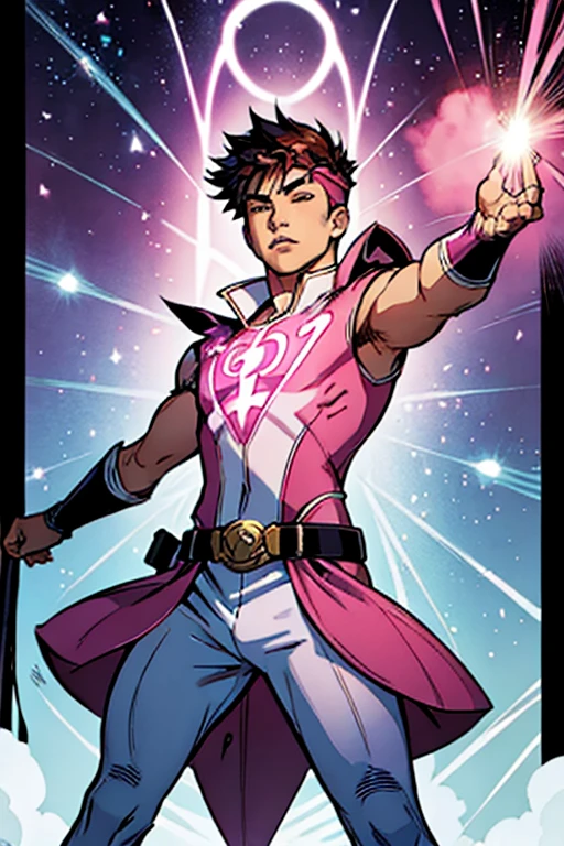 asian teen guy with a pink and white hero costume with an X on the chest making a powerfull magic aura