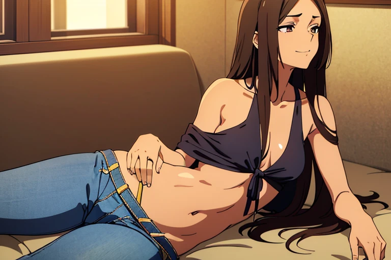 (detailed), perfect face, brown skin anime woman in a deep V-neck tied top, (bare shoulders), (jeans), (long hair), starving, (resting hands on the stomach), (hands on the stomach), (slim woman), (smooth and shiny skin), smirk, sleeping,((best quality)), ((masterpiece))