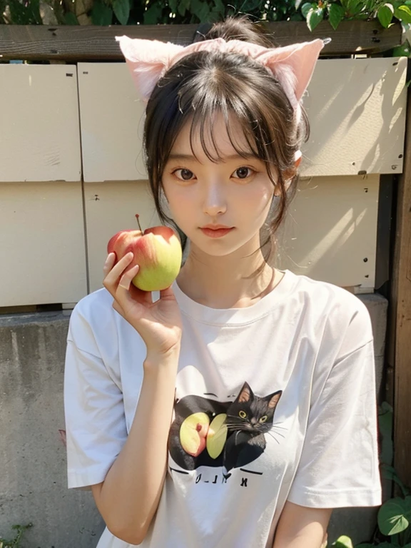 a large amount of apples, Cat耳の女の子, Cat耳, Cat,Ｔshirt,