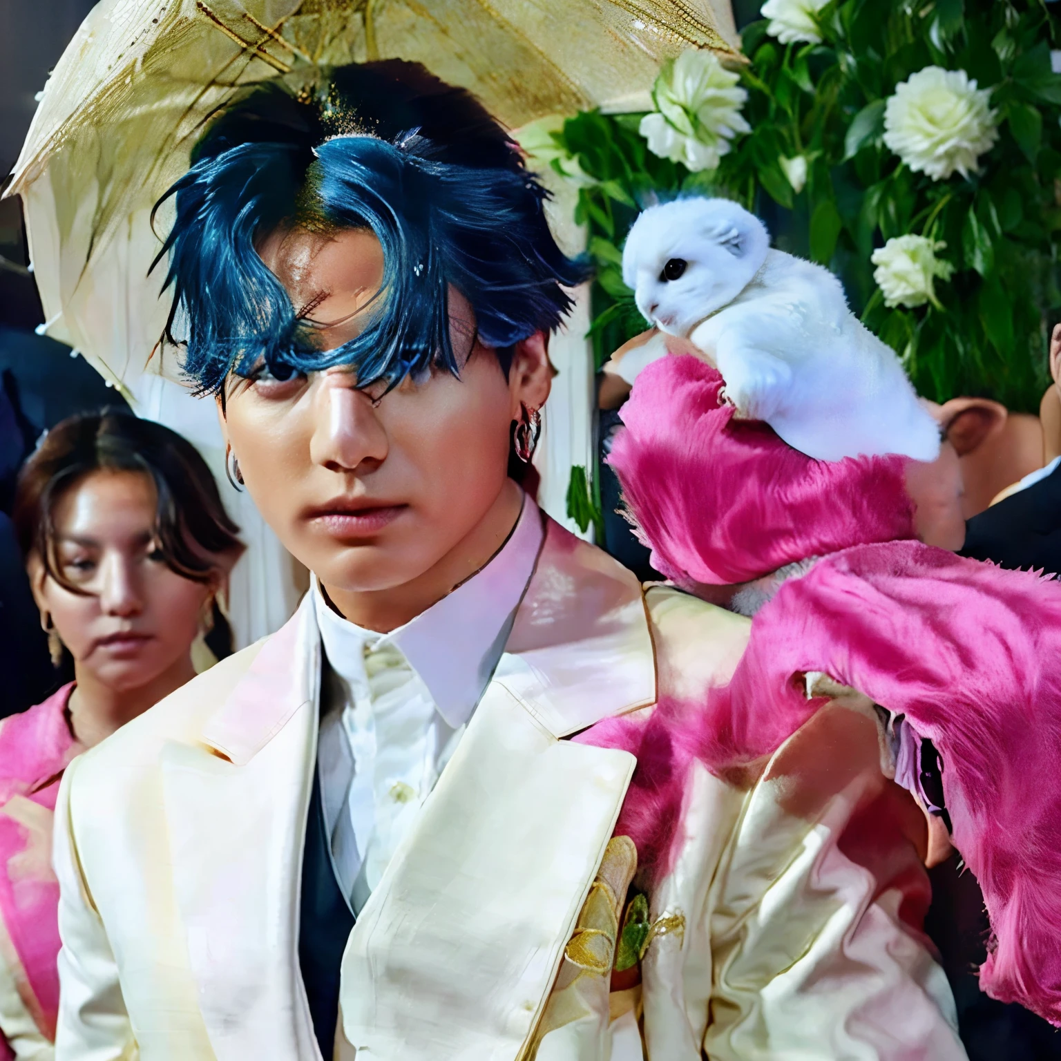 Caminando en la alfombra de la met gala que tiene tonos blancos y azul fotografos admirandolo mientras Jungkook usa un traje floreado elegante y colibries relojes todo como un jardin