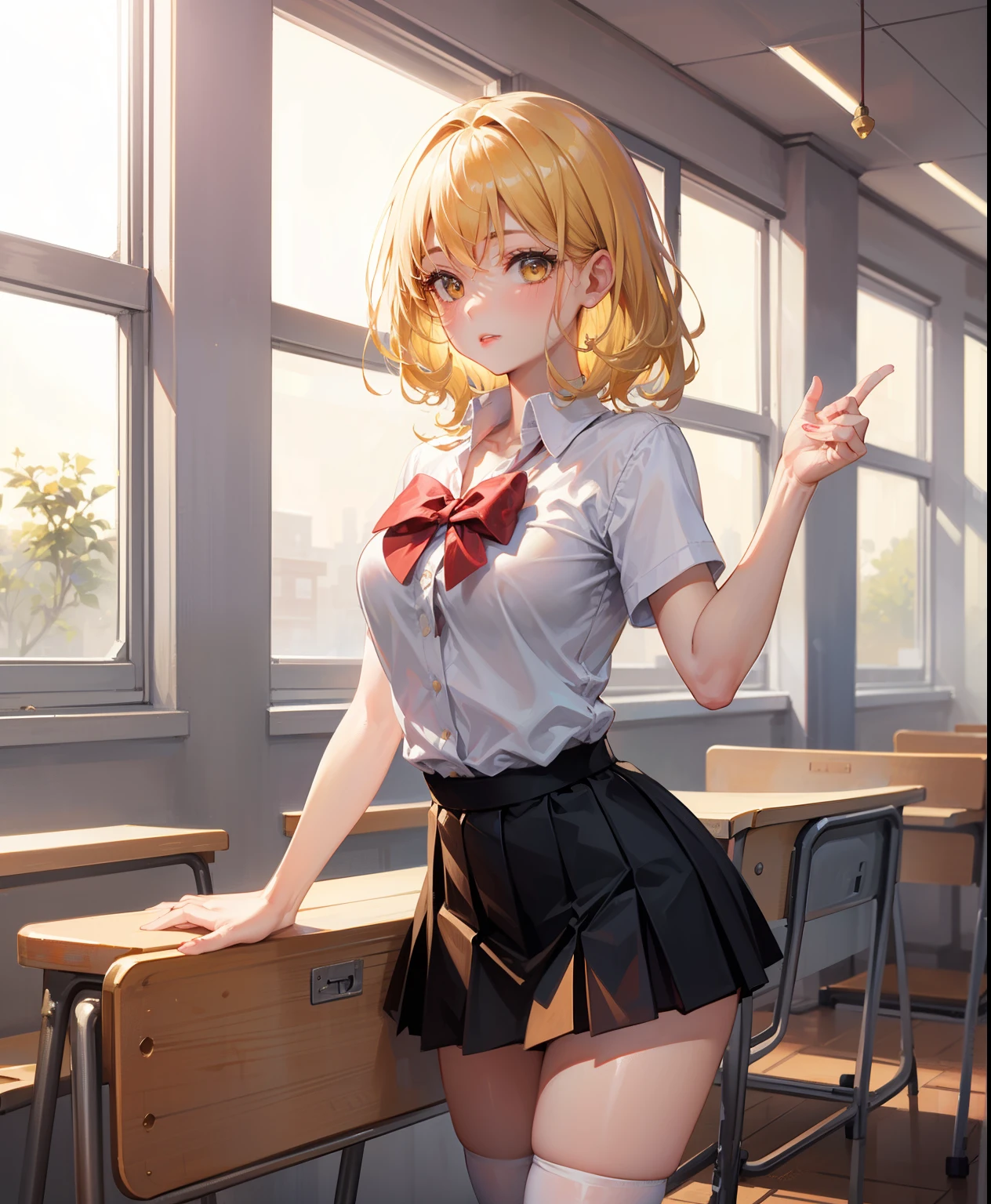 Dynamic posing, dynamic angle, Arrange pose,Top quality work,Show Legs,((short wavy Creamy Golden Blonde hair)),(Creamy Blonde hair),(short hair),(wavy hair),(golden eyes), lovely red lips, Rose cheeks, Pretty Face, A perfectly proportioned face, school shirt with red bow and black skirt, (school uniform), white stockings,in classroom,full-body view, amazing, Large round chest、Beautiful eye details、Beautiful eyelashes、beautiful double eyelid, with blush cheeks, talking to viewer