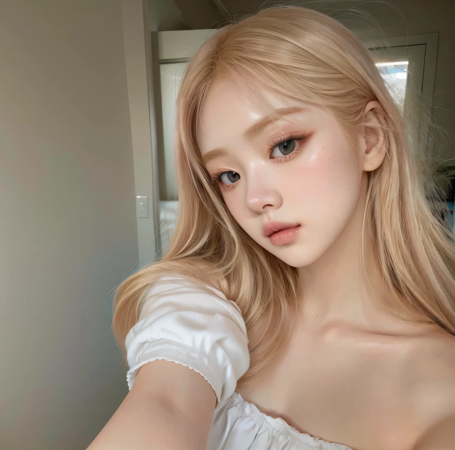 Rose from Blackpink, blonde hair, soft skin, big eyes, pale skin, long silky hair, realistic style