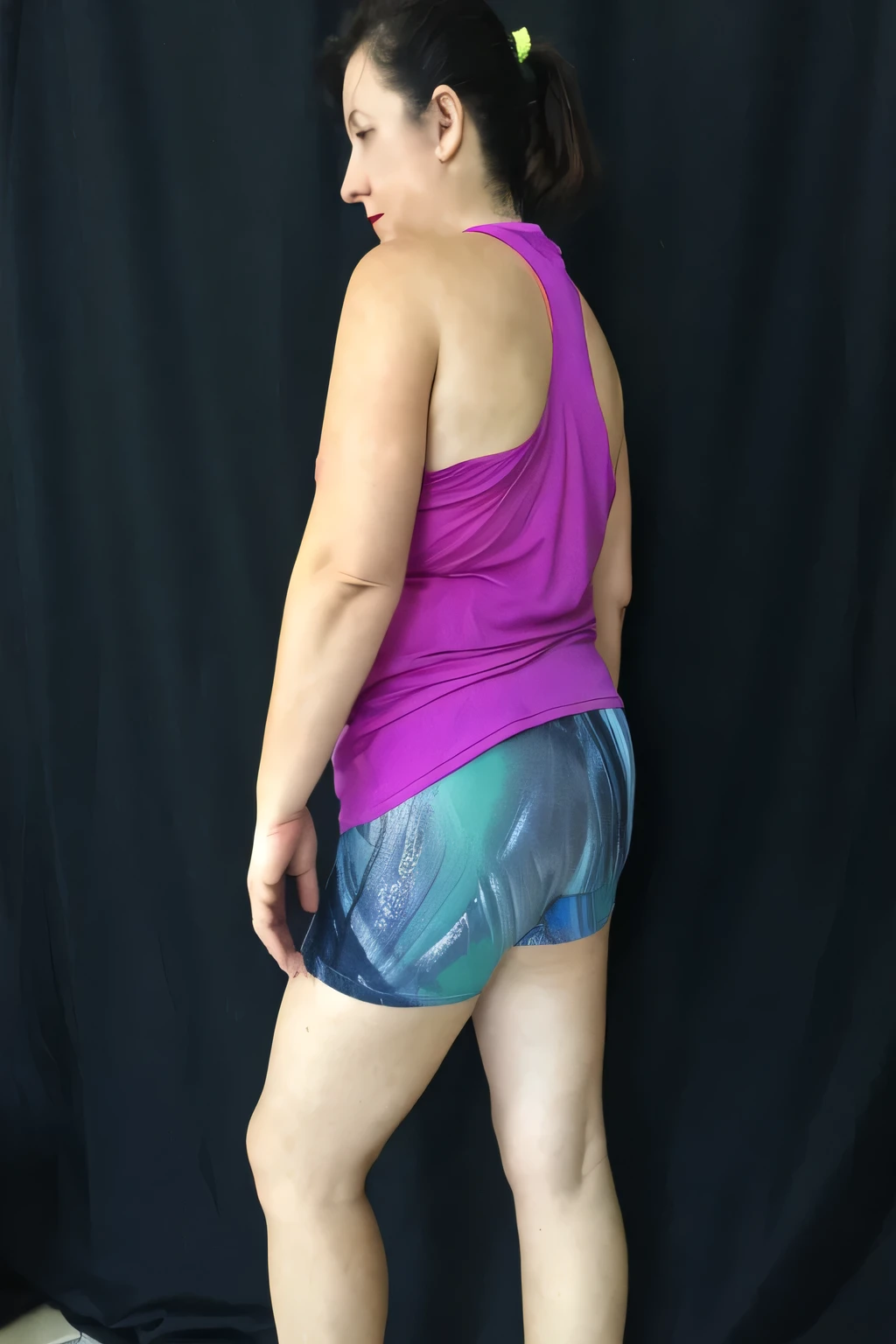 shapely woman in a purple blouse and blue shorts standing, back view, full body centered, rear photo, back view, side pose, looking to the side!, back photo, side view, arched back, back pose, posed profile, rear view, 3/4 side view, right side profile. She is wearing a vibrant purple sports tank top and heather shorts (((blue-gray-green-black))), suggesting an active lifestyle or athletic attire for working out. Sharp photo, high quality, high resolution (ultra quality masterpiece), Ultra HD, high contrast, 16K. Masterpiece: 1.3, high resolution, (photographically realistic), NUDE, NUDITY, NFSW.