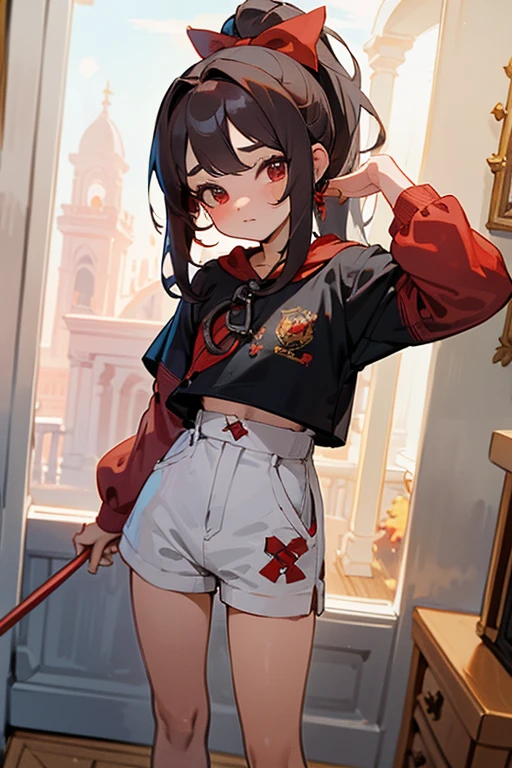 Altura 1.67m, 26 year old adult, Cabello negro ondulado, mirada penetrante con ojos profundos de color rojo, estatura promedio, Silky hair with a ponytail hairstyle collected with a red bow with two white lines, tiene pechos, copa de pechos a, small breasts, delgada, primer plano, Session, standing in the middle of his room [[[[Excitada]]]] pensando, impactada, impaciente
