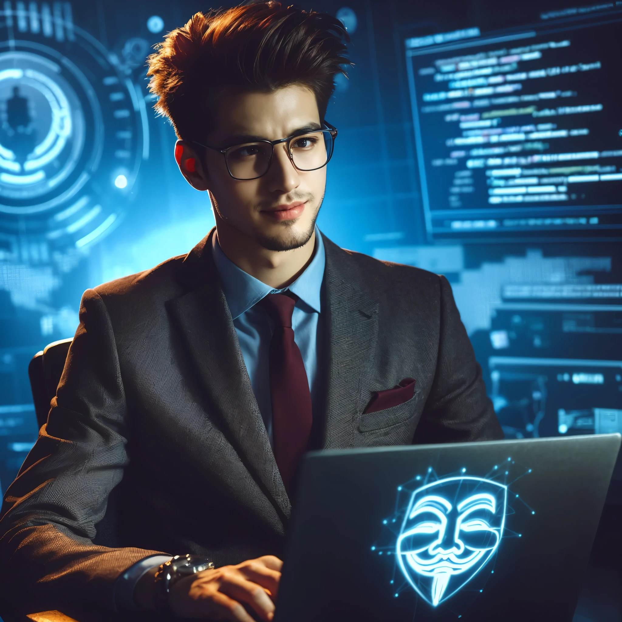 Professional photography masterpiece with 1 model: a confident, charming man in modern suit casual trendy attire, 20 years old, short maroon taper fade hir trendy, wearing trendy eyeglasses, with a subtle smile, looking happy, analyzing code on his notebook with silver luxury skin neon anonymous designs, posing sitting on a chair, against a breathtaking hacker office backdrop with added holographic screen, resembling a Sony 7000D photo, in high definition with dramatic lighting and added dramatic color effects.