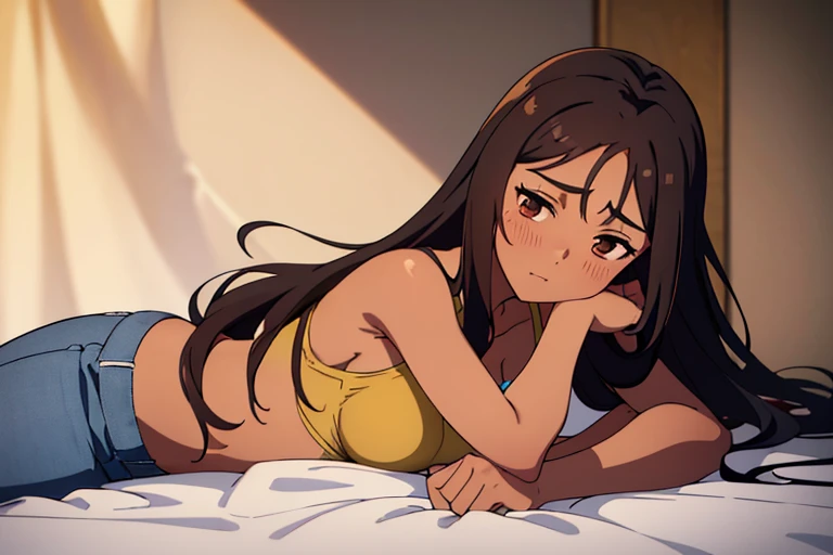 (detailed), perfect face, brown skin anime woman in a deep V-neck tied top, (bare shoulders), (jeans), (long hair), starving, (resting hands on the stomach), (hands on the stomach), (slim woman), (smooth and shiny skin), worried, light blush, sleeping, ((best quality)), ((masterpiece))