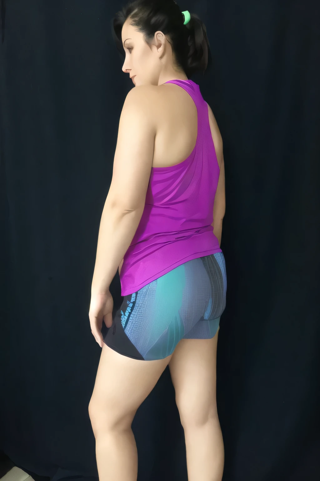 shapely woman in a purple blouse and blue shorts standing, back view, full body centered, rear photo, back view, side pose, looking to the side!, back photo, side view, arched back, back pose, posed profile, rear view, 3/4 side view, right side profile. She is wearing a vibrant purple sports tank top and heather shorts (((blue-gray-green-black))), suggesting an active lifestyle or athletic attire for working out. Sharp photo, high quality, high resolution (ultra quality masterpiece), Ultra HD, high contrast, 16K. Masterpiece: 1.3, high resolution, (photographically realistic), NUDE, NUDITY, NFSW.