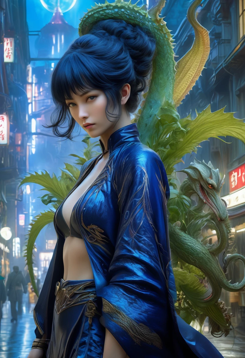 best quality,4k,8k,highres,masterpiece:1.2,ultra-detailed,realistic:1.37,HDR,UHD,studio lighting,ultra-fine painting,sharp focus,physically-based rendering,(Yoshitaka Amano style:1.1),SFW,(safe for work), An italian woman and her guardian familiar, mystical creature,otherworldly creature,kaiju-like,enchanting companions,wearing stylish futuristic clothes,inspired by Phantasy Star Online, dynamic poses, (The woman, with her eyes brightly colored, no makeup and her italian facial features elegantly detailed, adding to her allure. Dressed in elegant casual clothes with a stylish futuristic jacket.),(She has beautiful short curly black hair), (She is accompanied by a guardian kaiju, a vegetal and kraken mixed kaiju with exquisite carnivorous plant features resembling a cosmic horror. The creature's presence adds a sense of wonder and magic to the scene.), (The woman and her companion stand in a dark and gothic city, a modern metropolis with exotic alien plants, and vibrant signs. The colors are vibrant, with a mixture of dark blues, olive, and pale reds creating a dreamlike atmosphere.), (The lighting is soft but illuminating, casting a gentle glow on both the woman and the creature.), (The overall composition has a realistic and photorealistic quality, capturing the essence of the scene in intricate detail.), (The art style is inspired by Yoshitaka Amano, known for his ethereal and otherworldly illustrations. The combination of realistic elements with the artist's unique style creates a captivating and visually stunning image.),Greg Rutkowski