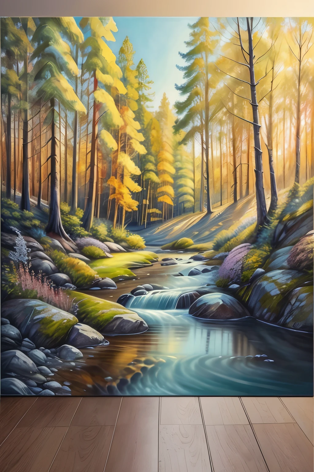 A beautiful and intricately detailed art piece for home decor, showcasing realistic brushstrokes and vibrant colors, set against a neutral background. The artwork exudes a calming and thoughtful mood, making it a perfect addition to any room. In the center, a serene landscape unfolds with lush greenery and gentle sunlight filtering through the trees. Ultra high definition, 8K, hyper realistic, the art piece is a true masterpiece that adds character and sophistication to any living space.