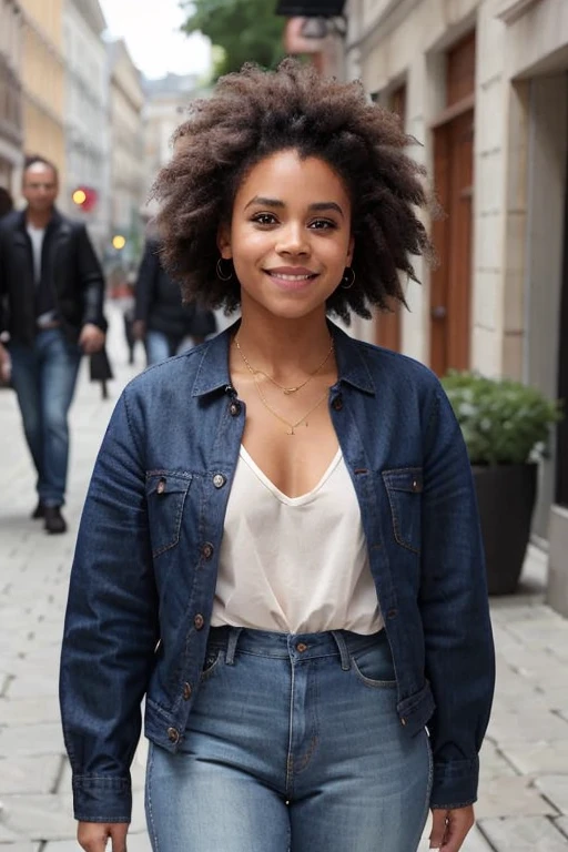 Photo de belle femme de race blanche, Photorealistic Zazie, bonne afro, absurdes, chemise blanche, jeans, Rue