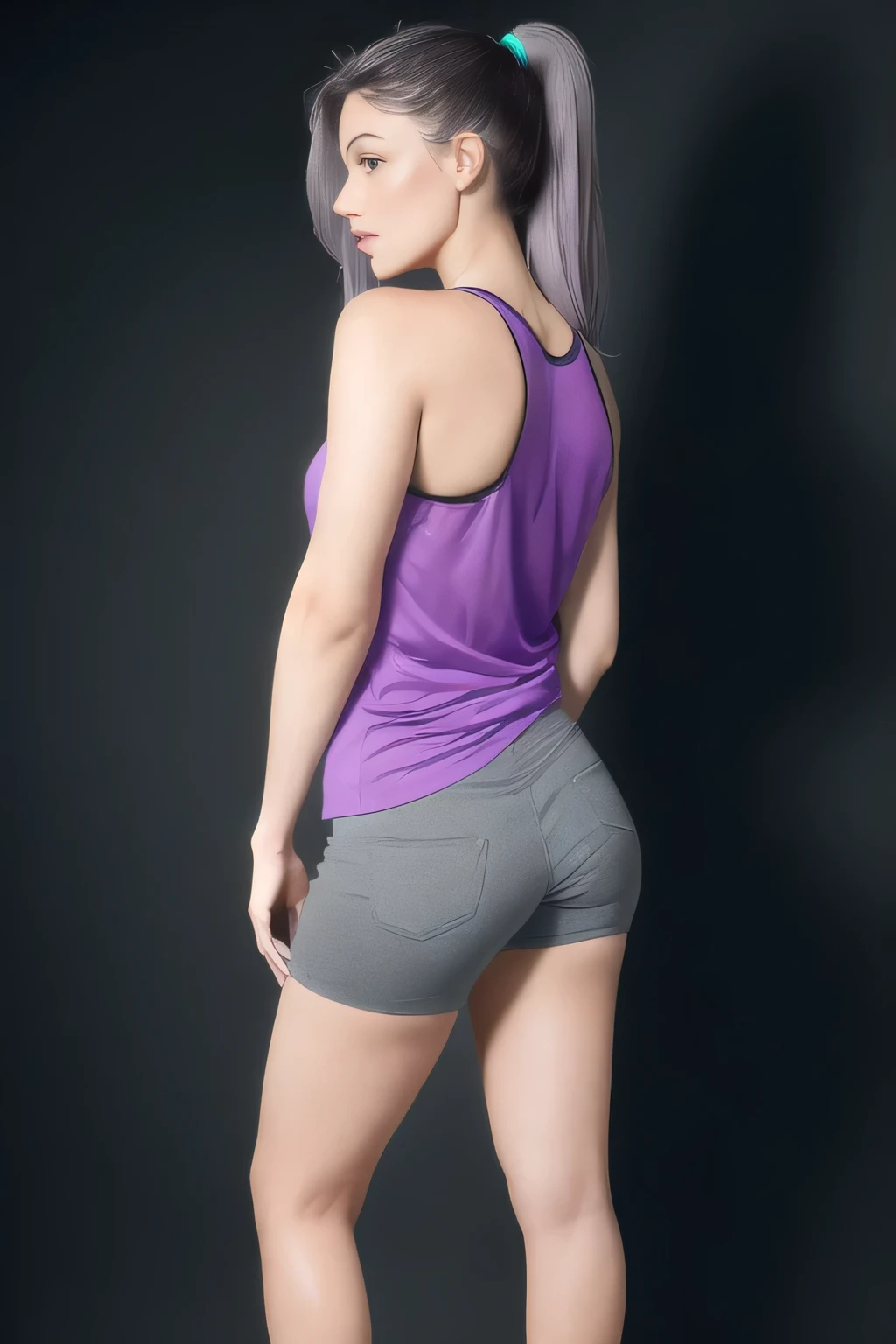 shapely woman in a purple blouse and blue shorts standing, back view, full body centered, rear photo, back view, side pose, looking to the side!, back photo, side view, arched back, back pose, posed profile, rear view, 3/4 side view, right side profile. She is wearing a vibrant purple sports tank top and heather shorts (((blue-gray-green-black))), suggesting an active lifestyle or athletic attire for working out. Sharp photo, high quality, high resolution (ultra quality masterpiece), Ultra HD, high contrast, 16K. Masterpiece: 1.3, high resolution, (photographically realistic), NUDE, NUDITY, NFSW.