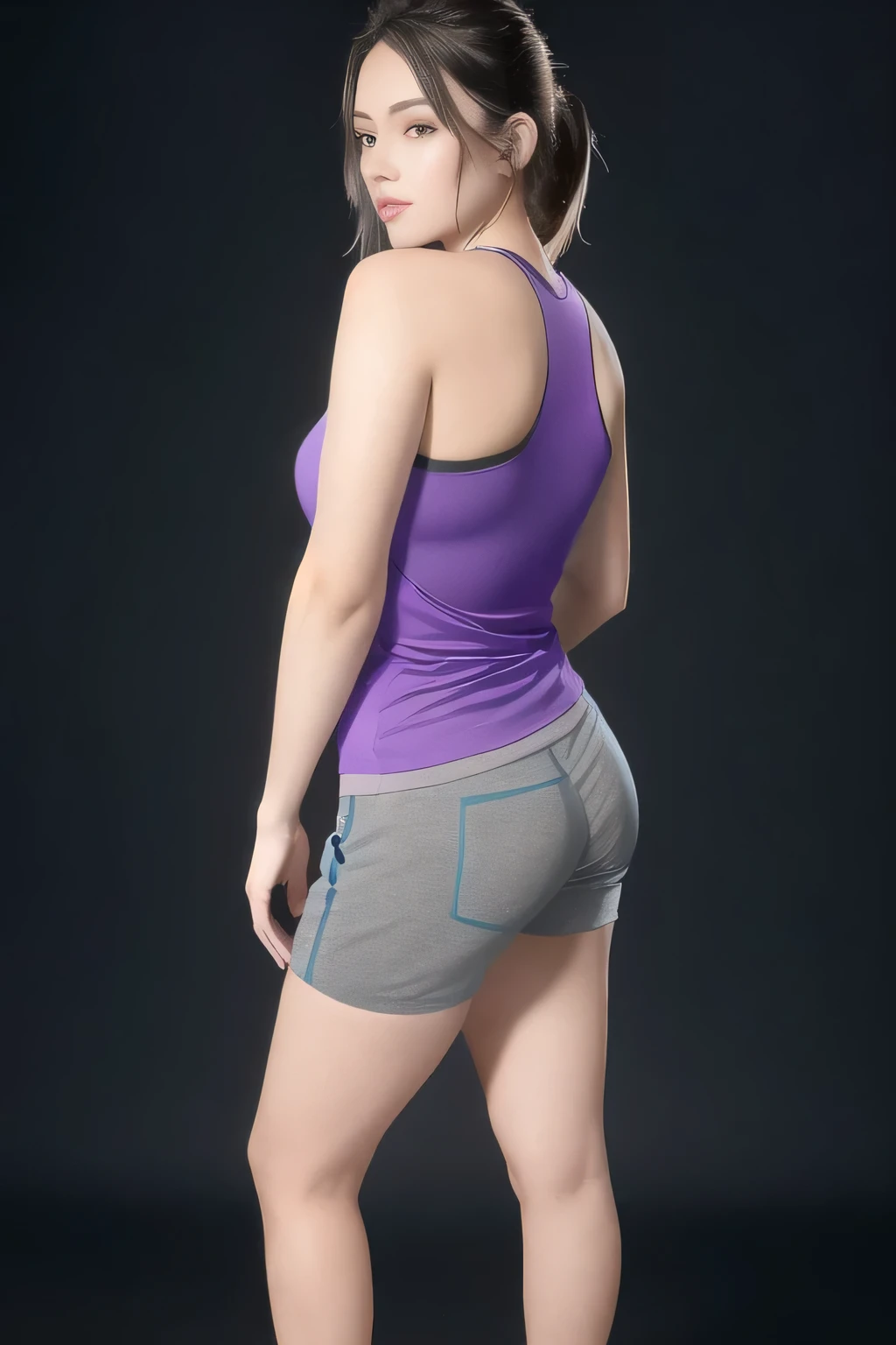 shapely woman in a purple blouse and blue shorts standing, back view, full body centered, rear photo, back view, side pose, looking to the side!, back photo, side view, arched back, back pose, posed profile, rear view, 3/4 side view, right side profile. She is wearing a vibrant purple sports tank top and heather shorts (((blue-gray-green-black))), suggesting an active lifestyle or athletic attire for working out. Sharp photo, high quality, high resolution (ultra quality masterpiece), Ultra HD, high contrast, 16K. Masterpiece: 1.3, high resolution, (photographically realistic), NUDE, NUDITY, NFSW.