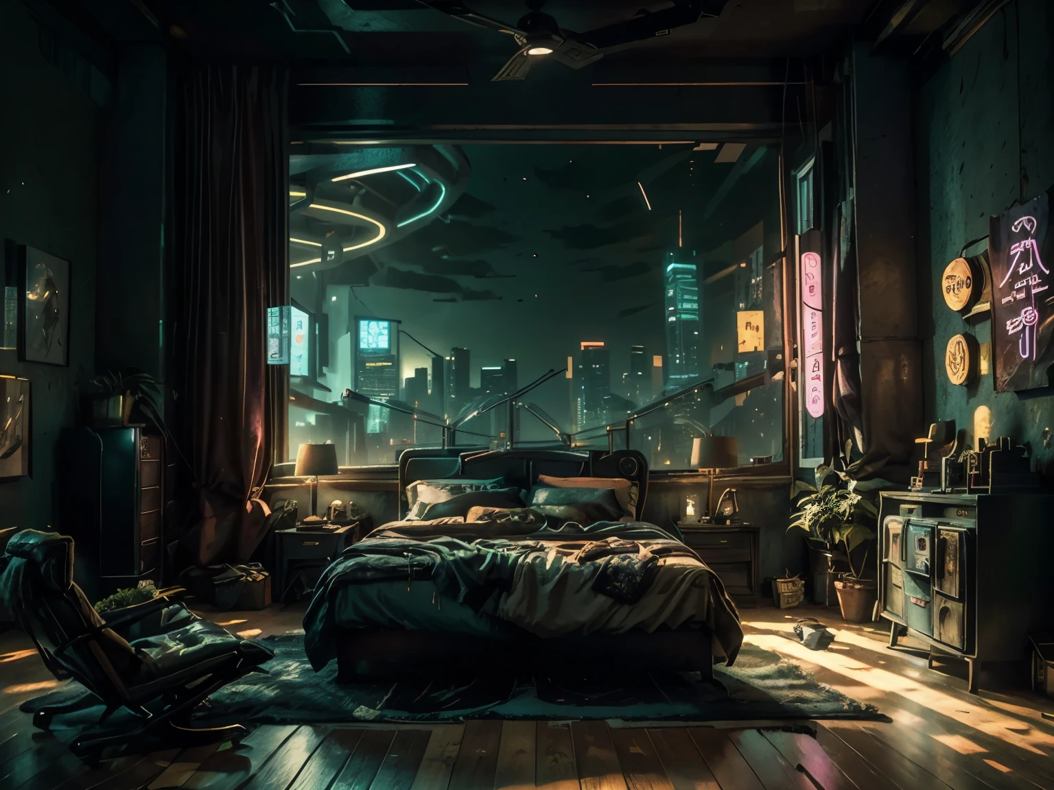 This a (((masterpiece))). Generate a cozy bedroom with a large window directly in front of the camera. The bedroom should be cool and peaceful, with retro furnishings and accessories. Through the window is brilliant cyberpunk city awash with neon light and blinking, colorful signs. It is nighttime, and the city is much brighter than the interior of the room. Contrast the peaceful interior of the bedroom with the busy, ultra-detailed cityscape seen through the window. The perspective of this artwork is from inside the bedroom looking out. 