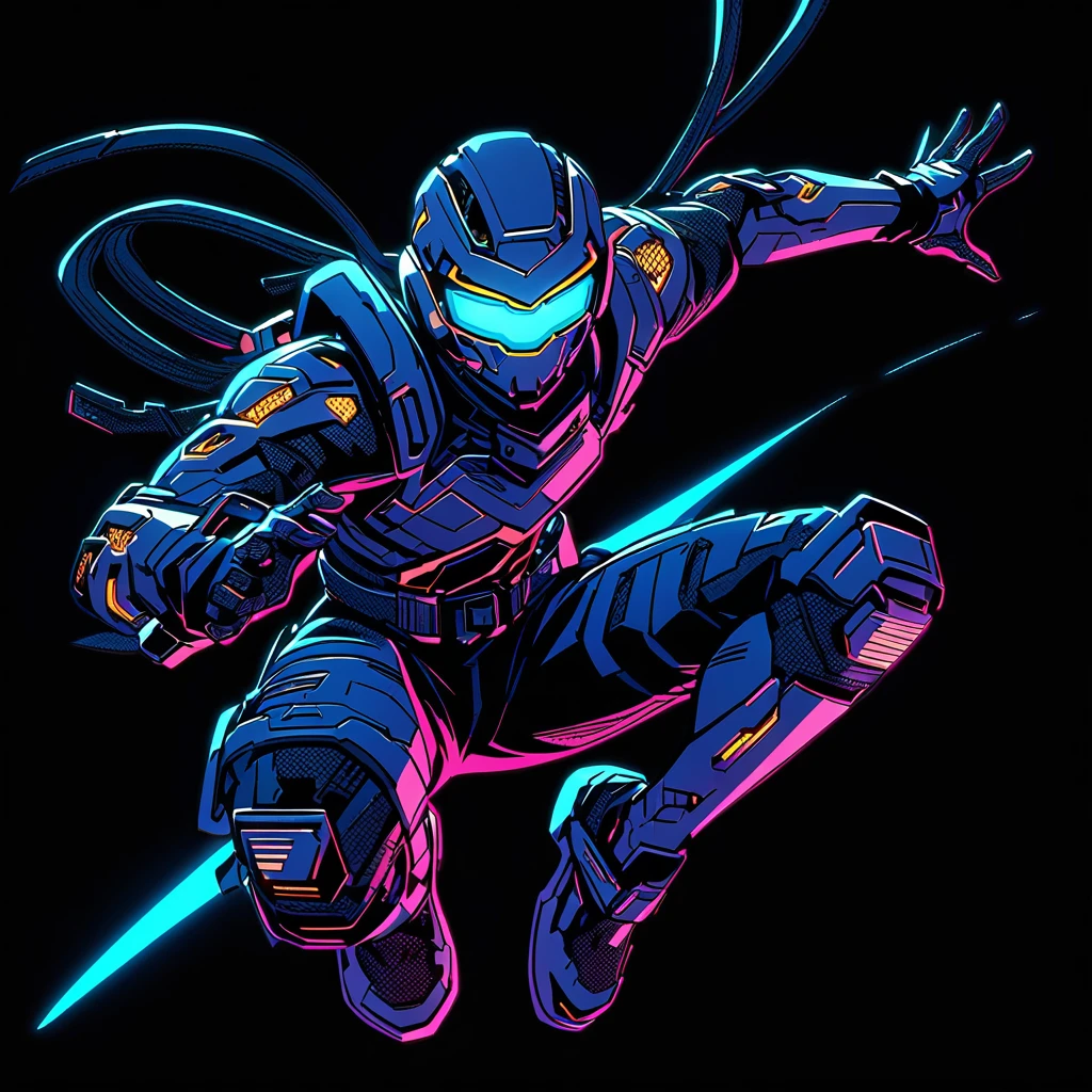 Cybernetic ninja flying through a well lit city , animated, illustration 