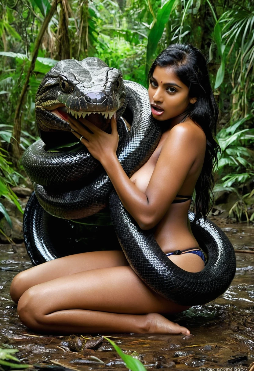 Topless thong aroused horny beautiful Indian young girl vs Giant colossal black titanboa monster wrapped around her body squeezing her in coiled embrace cuddling and kissing sexual erotic sex realistic in the rainforest snake tongue kissing, vaginal penetration , snake in pussy, large object insertion, tentacle sex, snake pit, blowjob perfect body, best quality gorgeous face, wet, nsfw
