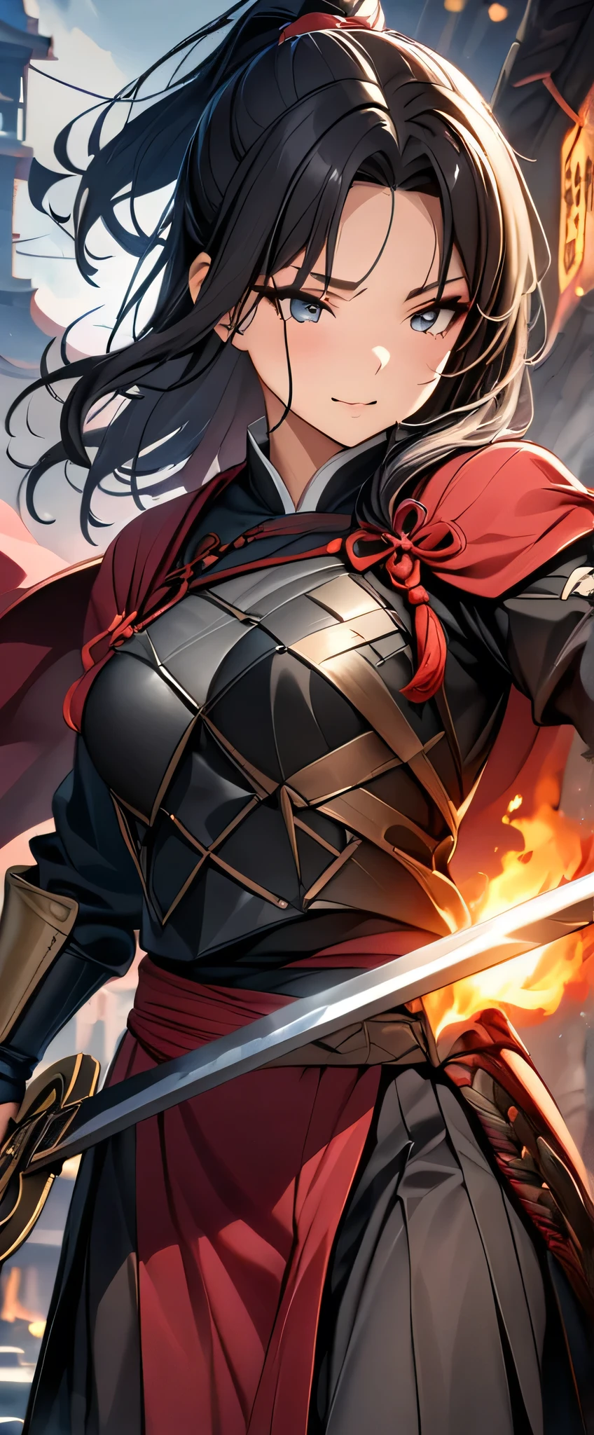 ((Masterpiece, top quality, high resolution)), ((highly detailed CG unified 8K wallpaper)), A female swordsman in Chinese clothes, Hero of the Three Kingdoms, (A large sword is held in both hands), She has long black hair tied back, wears iron armor and a red cape, and fights enemy soldiers against the backdrop of a burning city,