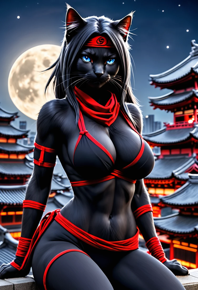 anthropomorphic female black cat ninja, medium breasts, visible cleavage, ninja big cat, assassin, mk ninja, ninja outfit, ninja, mystic ninja, blue eyes, portrait shot, goth ninja, epic ninja suit, matte black cloth ninja suit, red accents, dramatic pose, on temple rooftops, in the moonlight, view from below looking up, ((photorealistic)) , high quality photography, uhd,