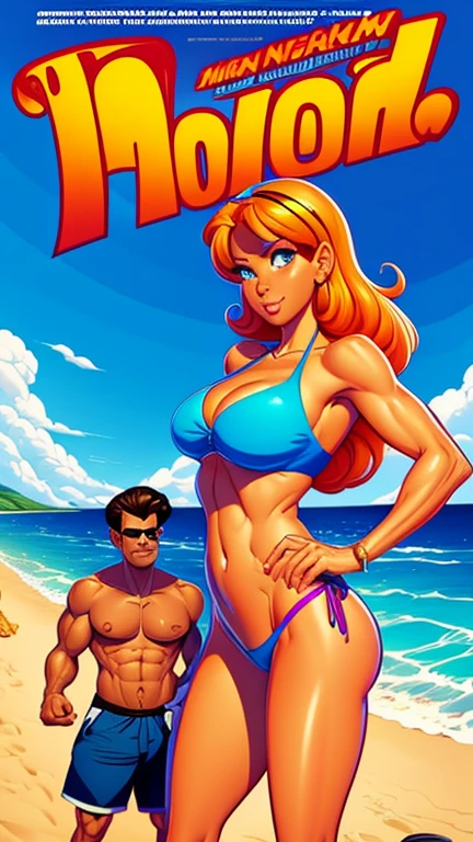 cartoon of a man and a woman on the beach with a man in a bikini, Cartoon digital painting art, novel cover, cartoon digital painting, cartoon art style, Boris Vallejo and Ilya Kuvshinov, inspired by Tim and Greg Hildebrandt, Cartoon style illustration, rob rey and kentarõ miura style, Cutesexyrobutts, pixar