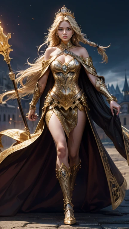 Blonde woman with braids, (Nordic Low Cut Gold Armor). Bright chrome gold armor with vivid reflections. Precious stones. Bare shoulders. (tiara). Poor muscle definition. Beautiful feet. Bare shouldersが見える. Detailed lighting. Artwork. Extreme Beauty. Clothes with intense colorful gradient effects. Professional image with high saturation. Professional Camera. figure. Bright colors. bright yellow eyes, slim, fur cape, Shining golden eyes, Symmetric, Intense expression, Black details on clothes, aura dourada, Castle Background, Full Body Shot, Dynamic pose, Random Angle