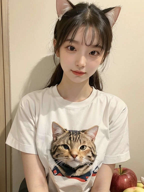 a large amount of apples, Cat耳の女の子, Cat耳, Cat,Ｔshirt,