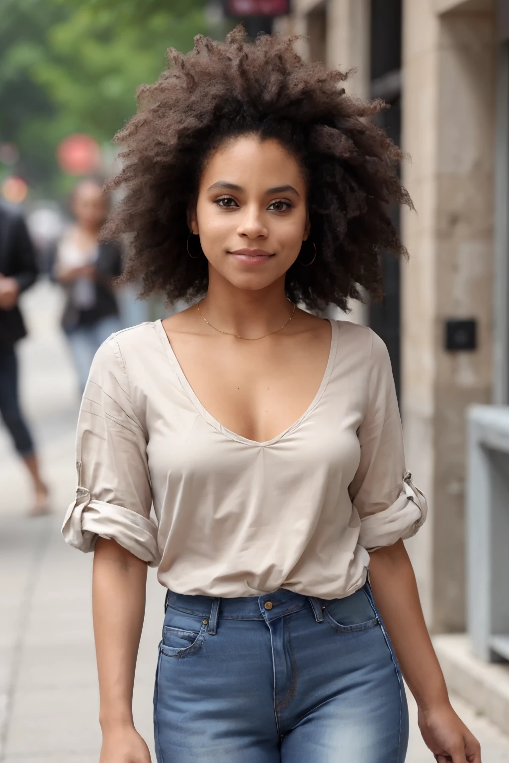Photo de belle femme de race blanche, Photorealistic Zazie, bonne afro, absurdes, chemise blanche, jeans, Rue