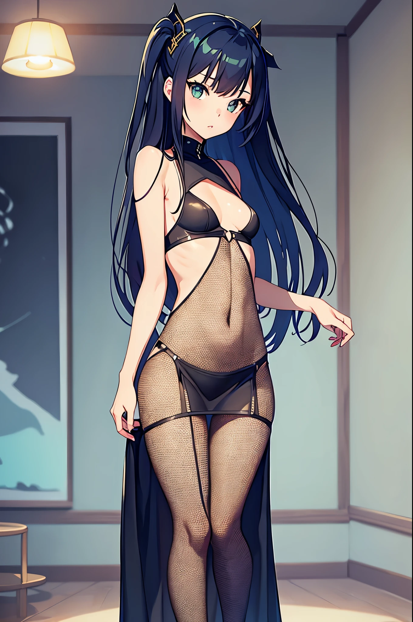 a sexy woman, (best quality), (masterpiece), (1girl), slim, anime, (flat chested), (net clothes), (standing), (protrait), (full body view), (net stocking)