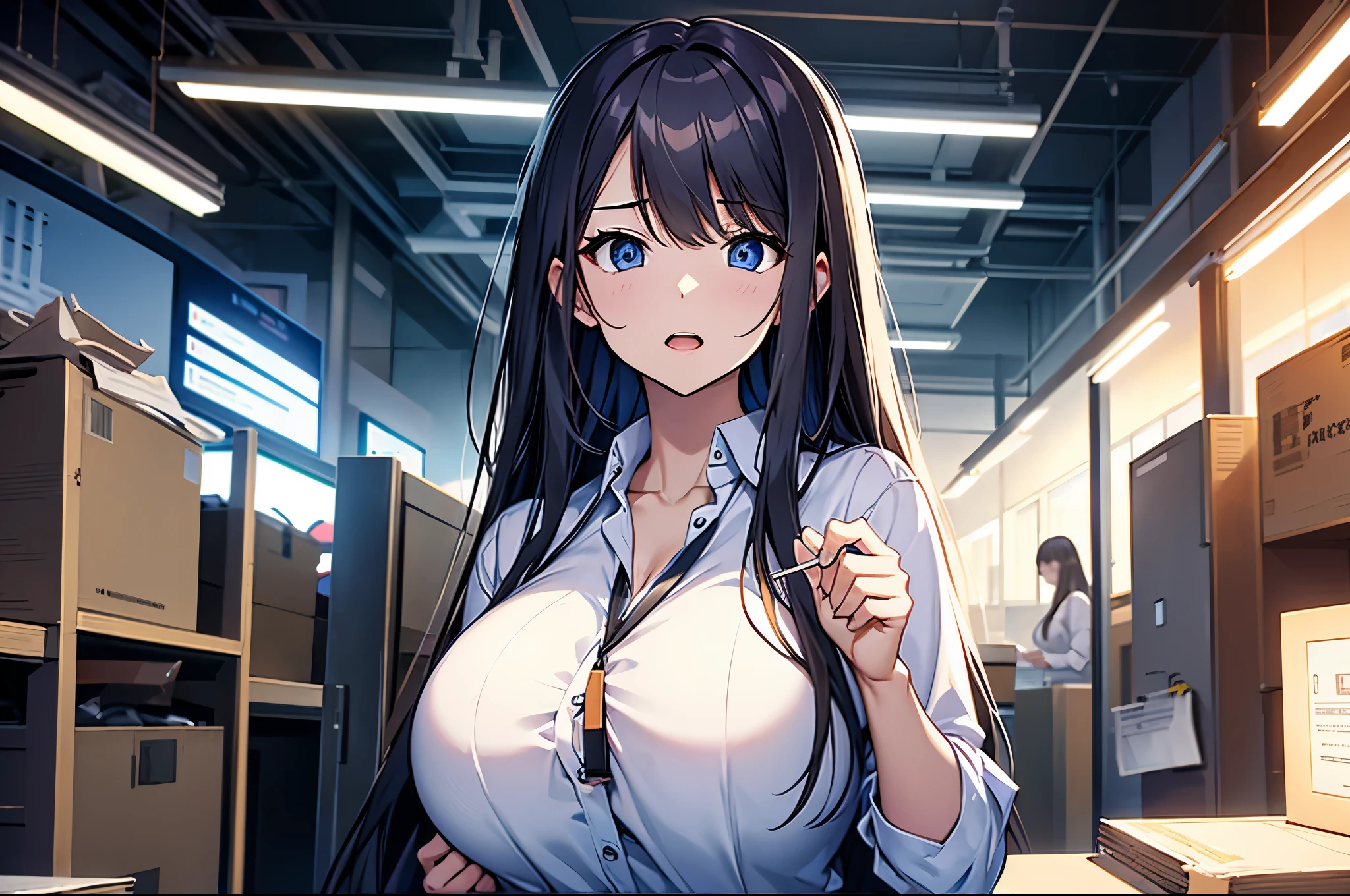 Best Quality、8K Illustration、One Woman、Office Casual、Big Breasts、((Surprised face))、Staring at your phone、indoor、noon、Clear skies
