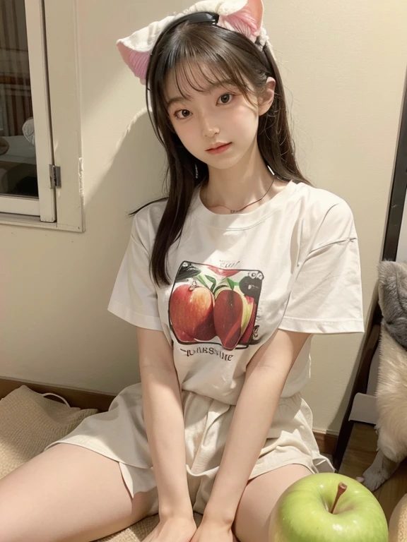 a large amount of apples, Cat耳の女の子, Cat耳, Cat,Ｔshirt,