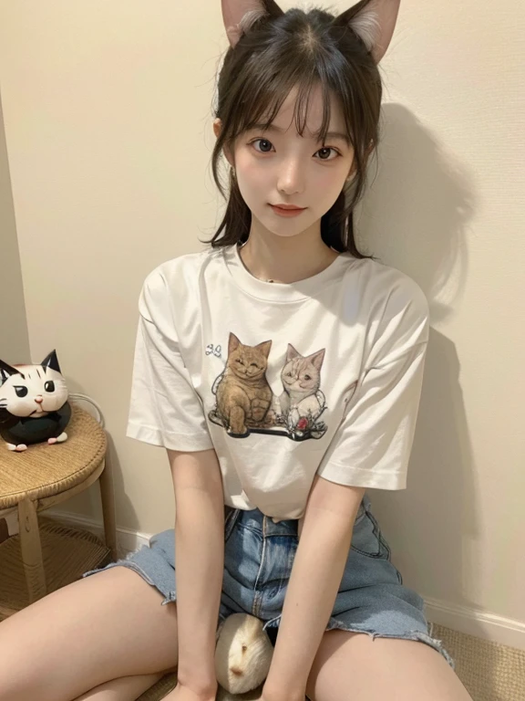 a large amount of apples, Cat耳の女の子, Cat耳, Cat,Ｔshirt,