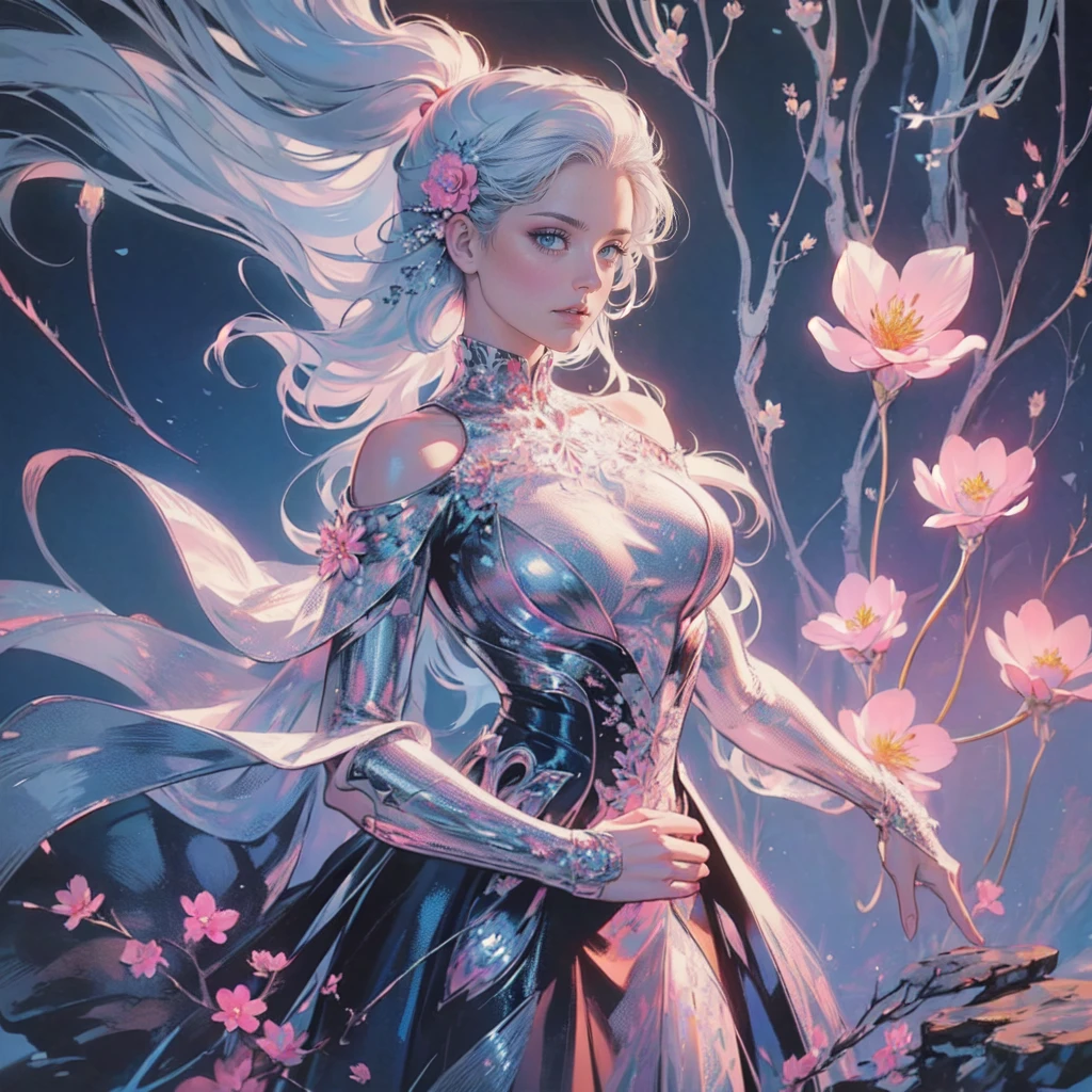 Beautiful lady , wonderful blue eyes, silver hair, pink lips, jacket cover her shoulderasterpiece, Top Quality, Best Quality, Official Art, Beautiful and Aesthetic: 1.2), (1 Flower), Upper Body, Extremely Detailed, (Fractal Art: 1.3), Colorful, Most Detailed, wearing jacket cover arms and shoulders 