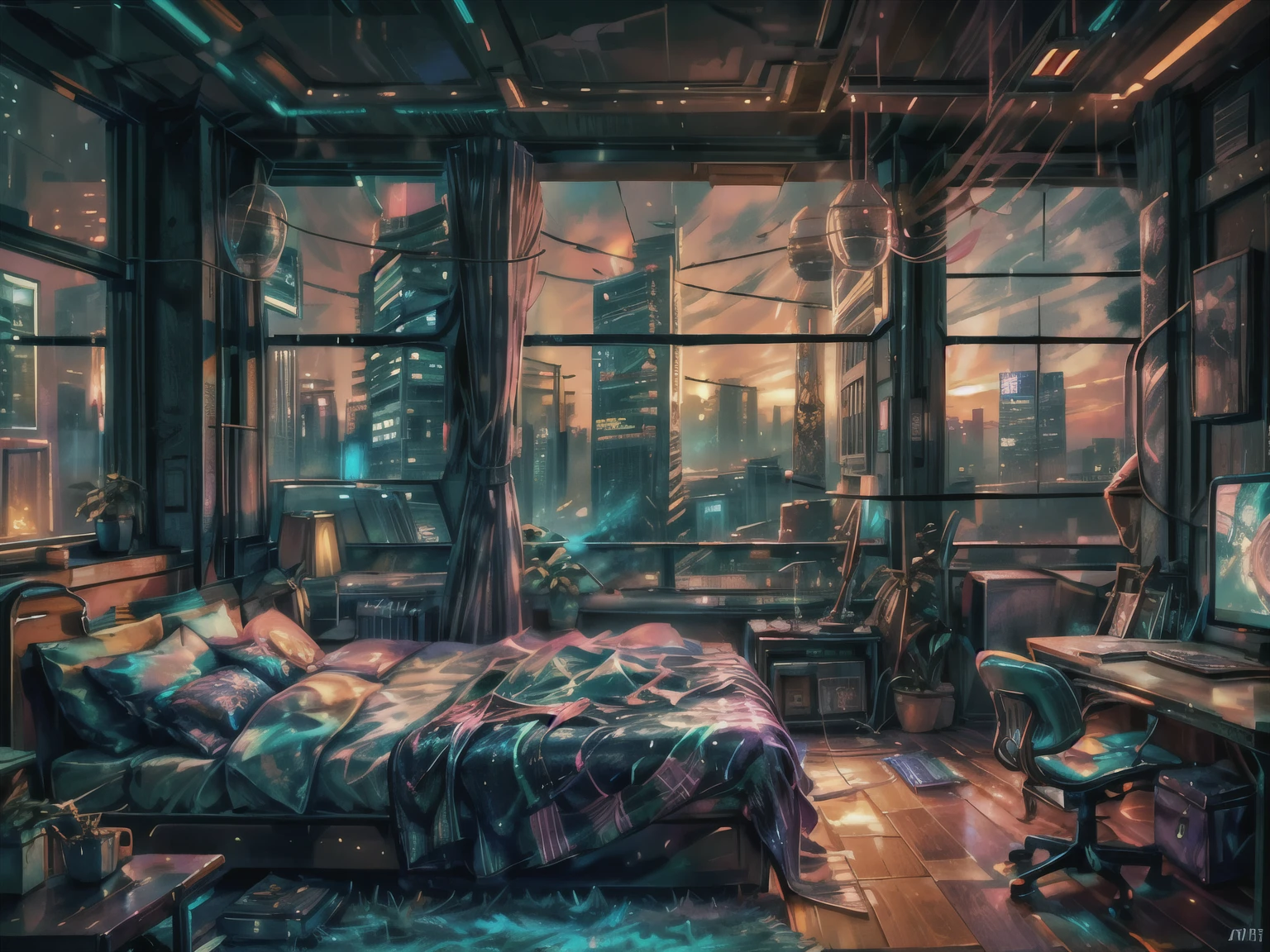 This a (((masterpiece))). Generate a cozy bedroom with a large window directly in front of the camera. The bedroom should be cool and peaceful, with retro furnishings and accessories. Through the window is brilliant cyberpunk city awash with neon light and blinking, colorful signs. It is nighttime, and the city is much brighter than the interior of the room. Contrast the peaceful interior of the bedroom with the busy, ultra-detailed cityscape seen through the window. The perspective of this artwork is from inside the bedroom looking out. 