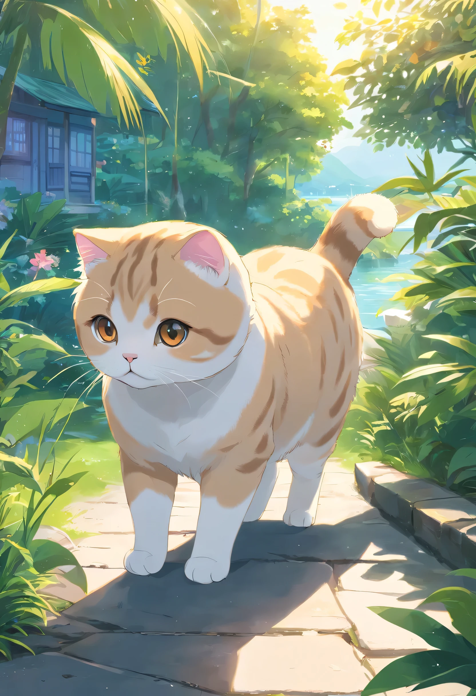 scottish fold cat, enlargement. lakeside, tropical garden,, There are houses far away. Pitiful look, Bright eyes