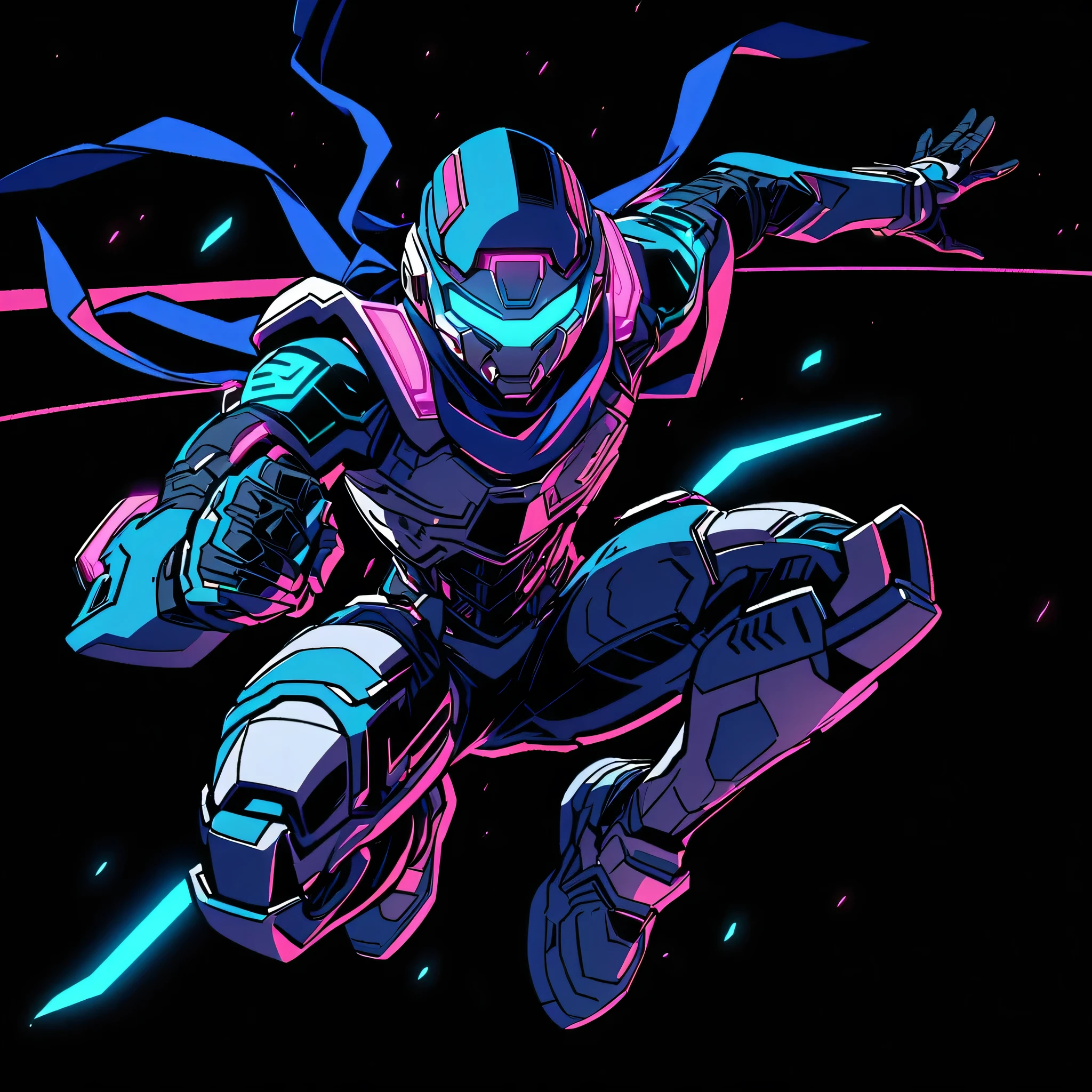 Cybernetic ninja flying through a well lit city , animated, illustration 