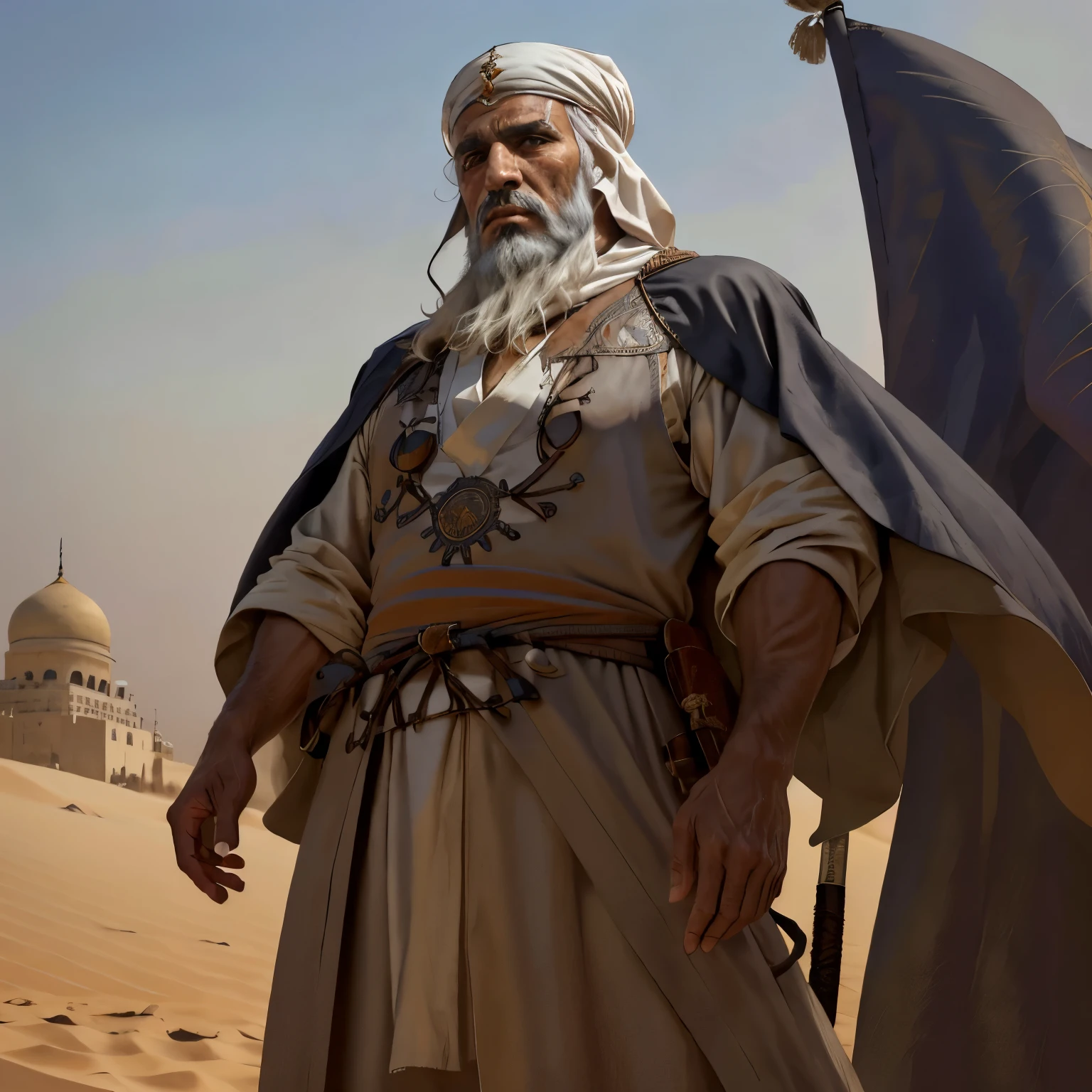 Abu Jahel, an ancient Middle Eastern sheik with a weathered, intricately lined face and piercing eyes (1.4), sits majestically atop a sandy dune under the golden glow of the setting sun (best quality, ultra high res, photorealistic: 1.4). His long, gray beard reaches down to his chest, framing his wise yet stern expression.gift, the traditional robe and headdress of his noble tribe, flows gently in the soft breeze behind him. Abu Jahel leans forward, his arms crossed behind his back, and gazes intently towards the horizon, watching over his people (teenage: 1.5, solo: 1